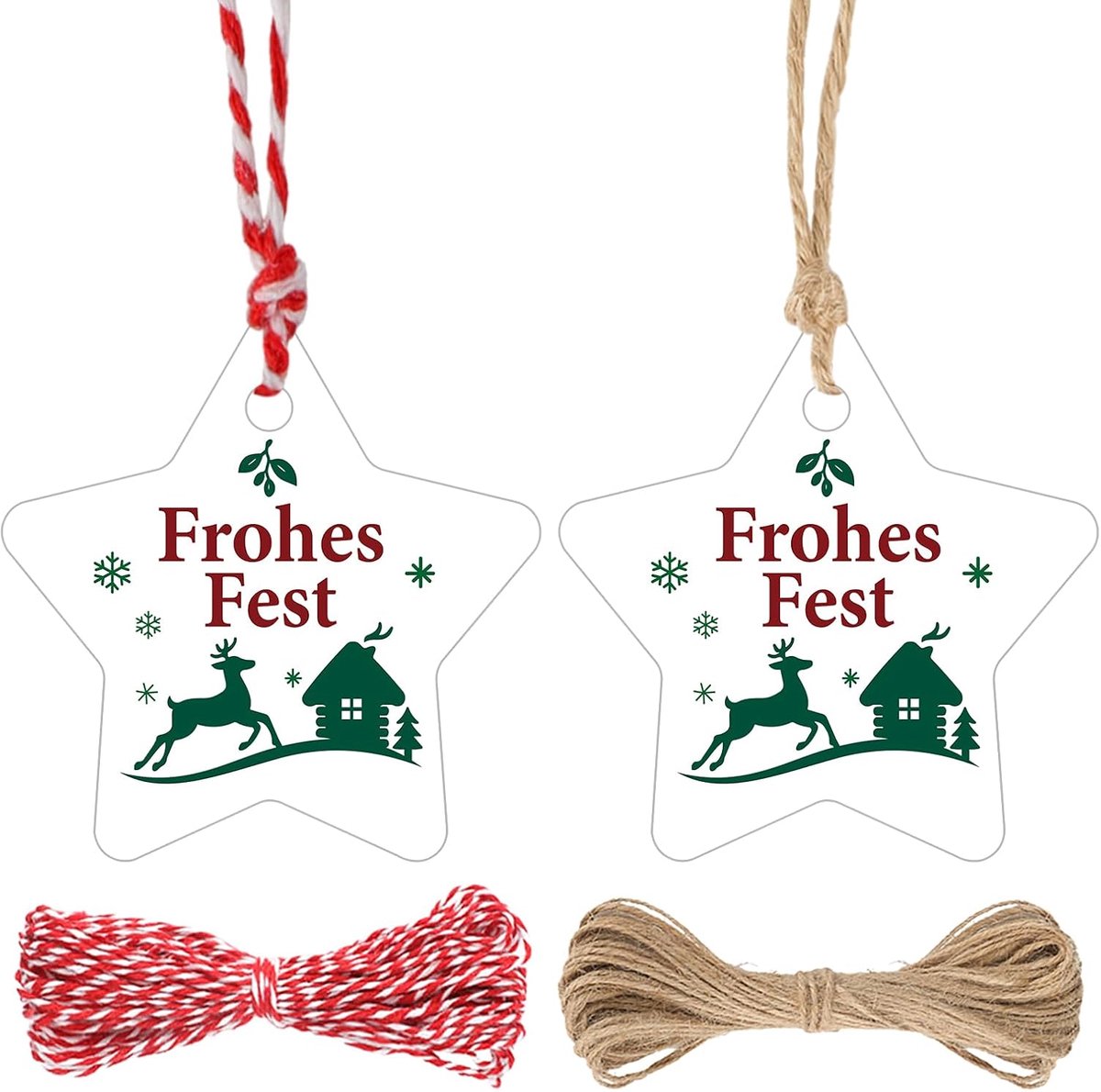 Vrolijk feest ster cadeauhangers: 6 cm kersthangers met koord, 100 stuks winterse etiketten voor geschenkverpakking, kerstdecoratie, feestelijke decoratie