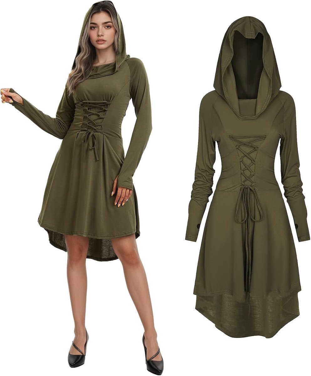 middeleeuwse jurk voor dames, renaissance, met capuchon, lange mouwen, retro kostuum, elfenkostuum voor dames, cosplay, Halloween, carnavalskostuum
