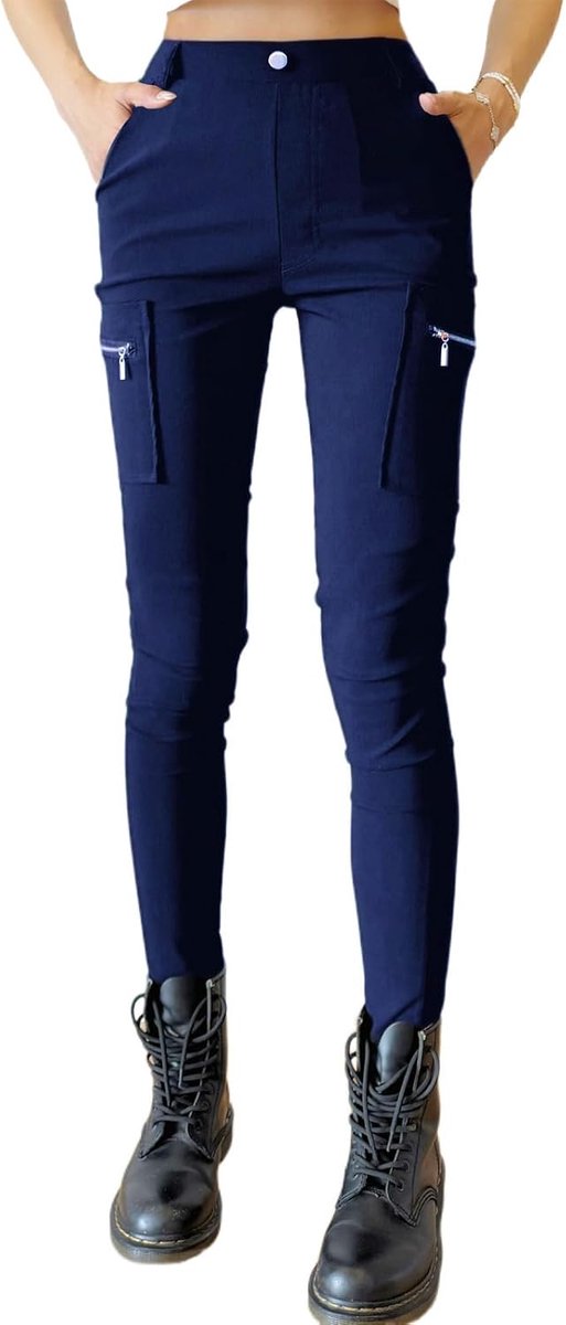 Slimfit cargobroek voor dames, ritssluiting, hoge taille, stretch, pull-on, skinny cargo broek, riemlussen, streetwear, dagelijks gebruik