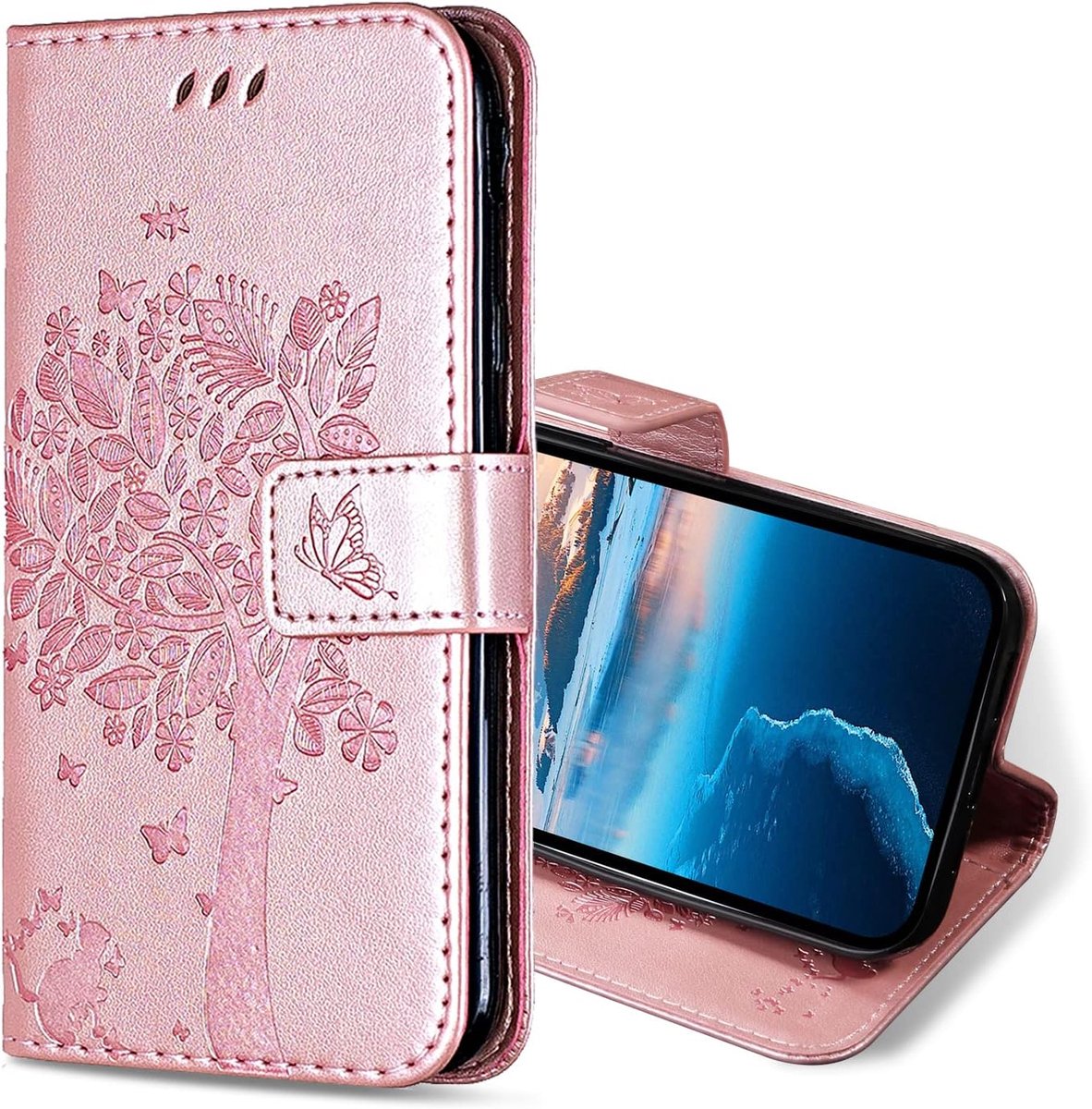 Hoesje voor Honor Magic 6 Pro 5G, Kunstleren Bookcase Hoes met Pasjeshouder, Retro Kat en Boom Telefoonhoesjes Wallet Case voor Honor Magic 6 Pro 5G (Rozengoud)