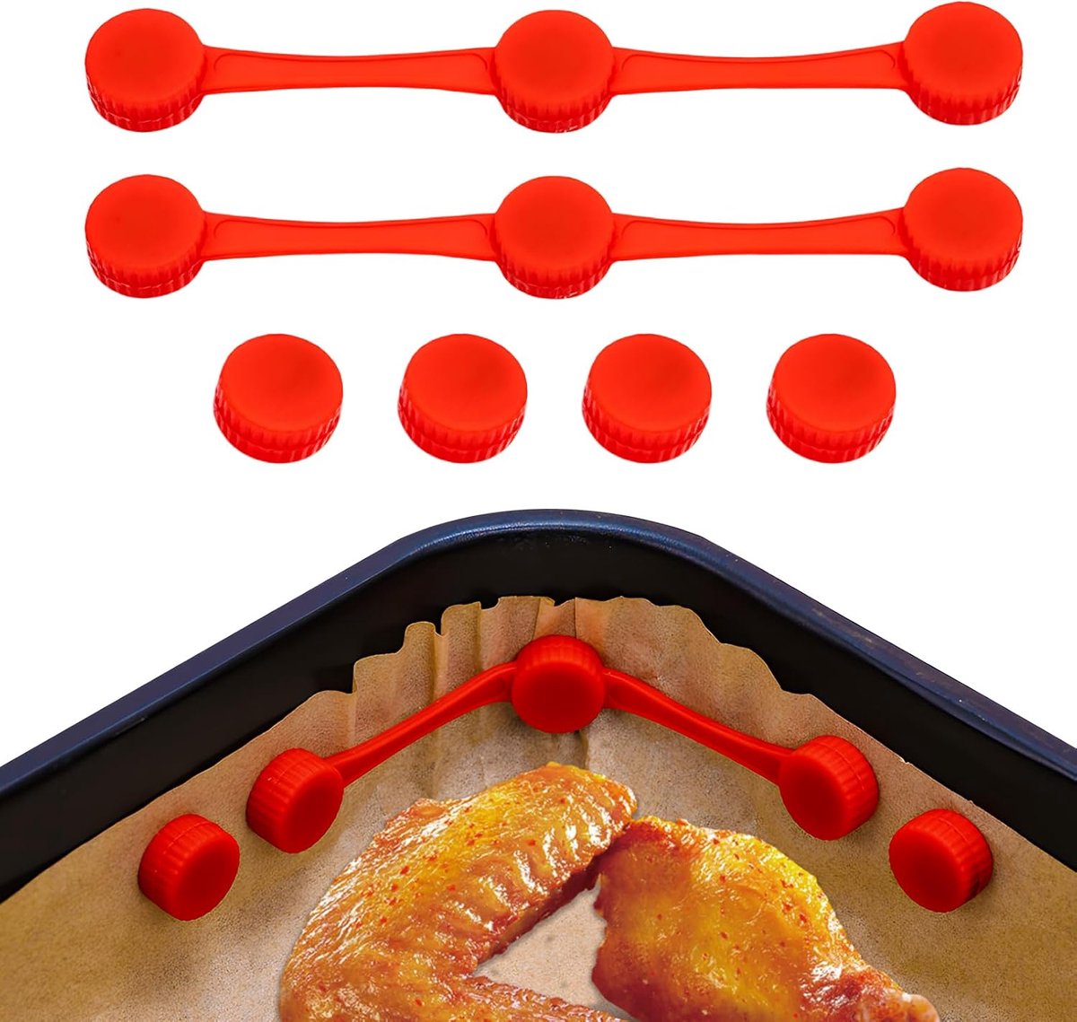 clips van siliconen voor heteluchtfriteuse, veilige bevestiging van het bakpapier, hittebestendig, set met 4 magneten + 2 clips (2 sets), voedselveilige siliconen, rood
