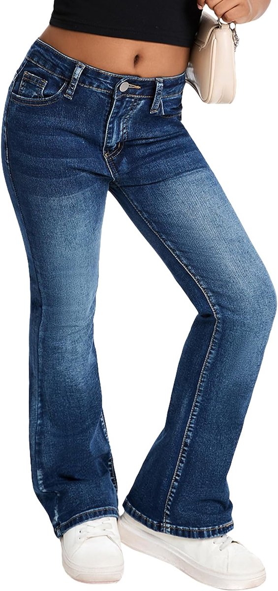 Jeans voor meisjes, retro fashion gescheurde denim broek slim, stretch flared vrijetijdsbroek met elastische tailleband en zakken, katoenmix, comfort, maat 130-160/7-14 jaar