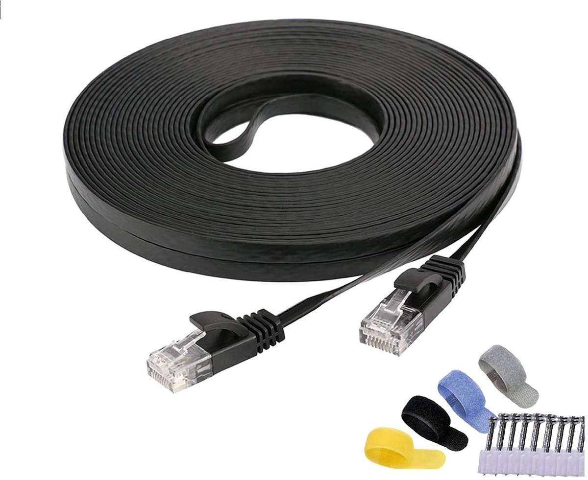 Cat 6 netwerkkabel, ethernetkabel, 30 m, zwart UP tot Gigabit 1000 Base-T LAN, hogere bandbreedte, internet, platte patchkabel, kort met storingsvrije RJ45-ingangsaansluiting