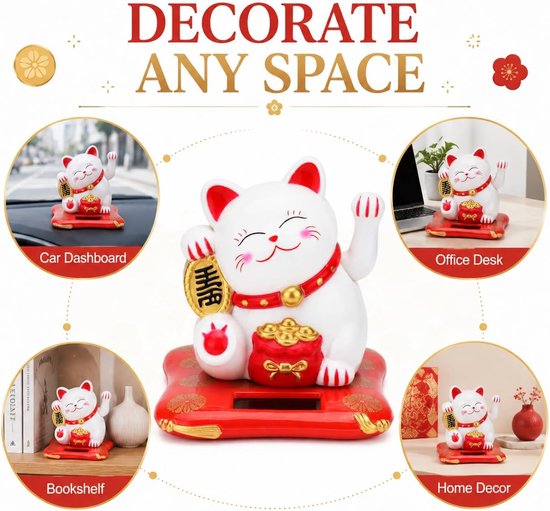 Gelukskat ornament, op zonne-energie bewegende arm gelukskat decoratie Feng Shui auto decor geld dansen katten Chinees geschenk voor het verwelkomen van geluk rijkdom — afbeelding 4