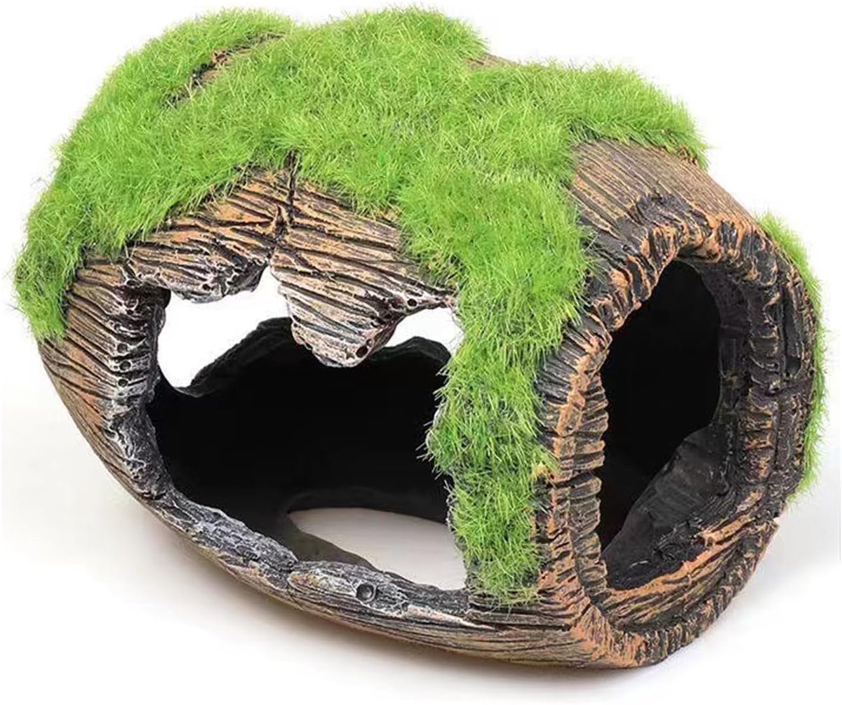Vat aquariumdecoratie, 1 stuk hars aquarium grot schuilplaats, voor Betta, garnalen, Pleco, met moseffect tank ornamenten accessoires (8,5 x 6,5 x 7 cm)