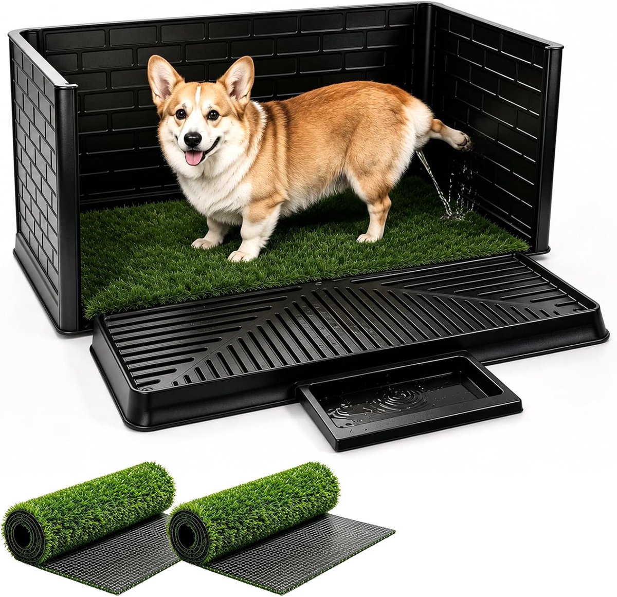 Hondentoilet met Kunstgras, Puppy Trainingstoilet met 3-Zijdige Spatbescherming, 2 Herbruikbare Kunstgrasmatten, Drainagesysteem en Urineopvangbak, Binnen Toilet voor Kleine Honden (76 × 51 × 36 cm)