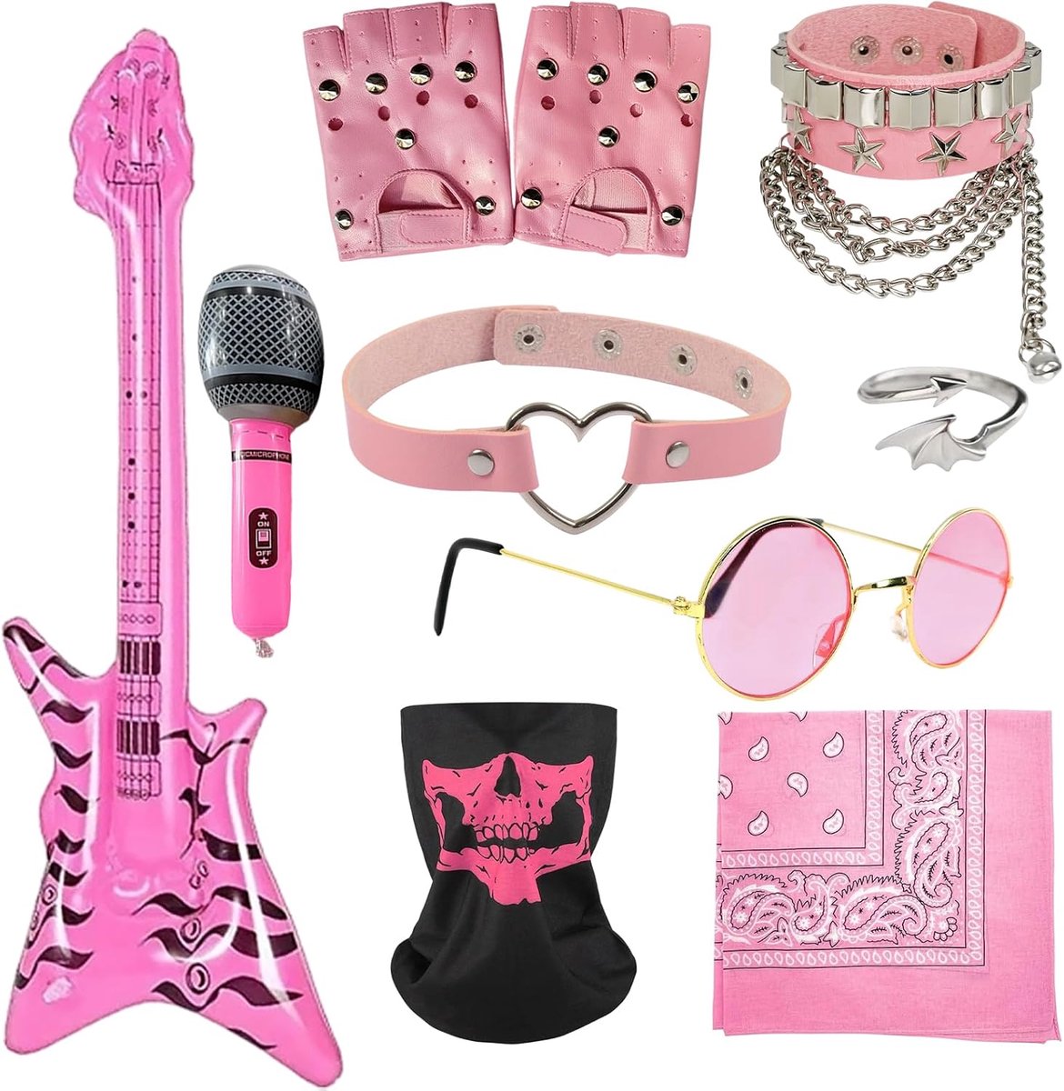 9 stuks punkerkostuumaccessoires, gothic rocker-kostuum, jaren 80, discoparty, rockstar-outfit, rock star punker kit voor volwassenen, discoparty, cosplay, roze