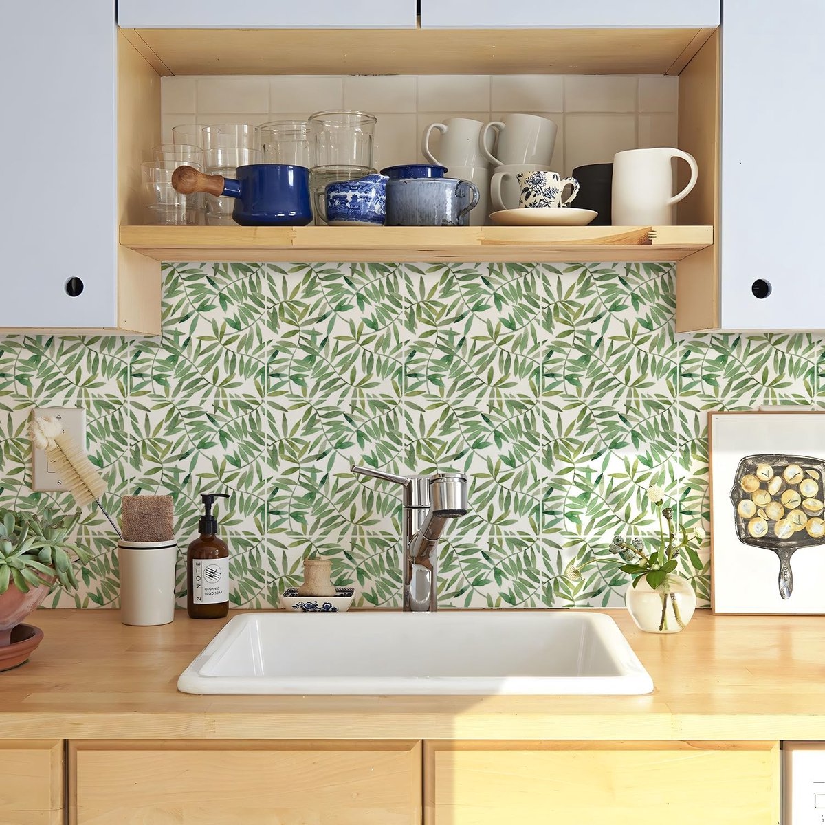 25 stuks x 20 cm / 8 inch tegelsticker, groene plantenbladeren zelfklevende plak op tegels transfer sticker voor badkamer en keuken, spatscherm voor fornuis, afnemen en opplakken vinyl
