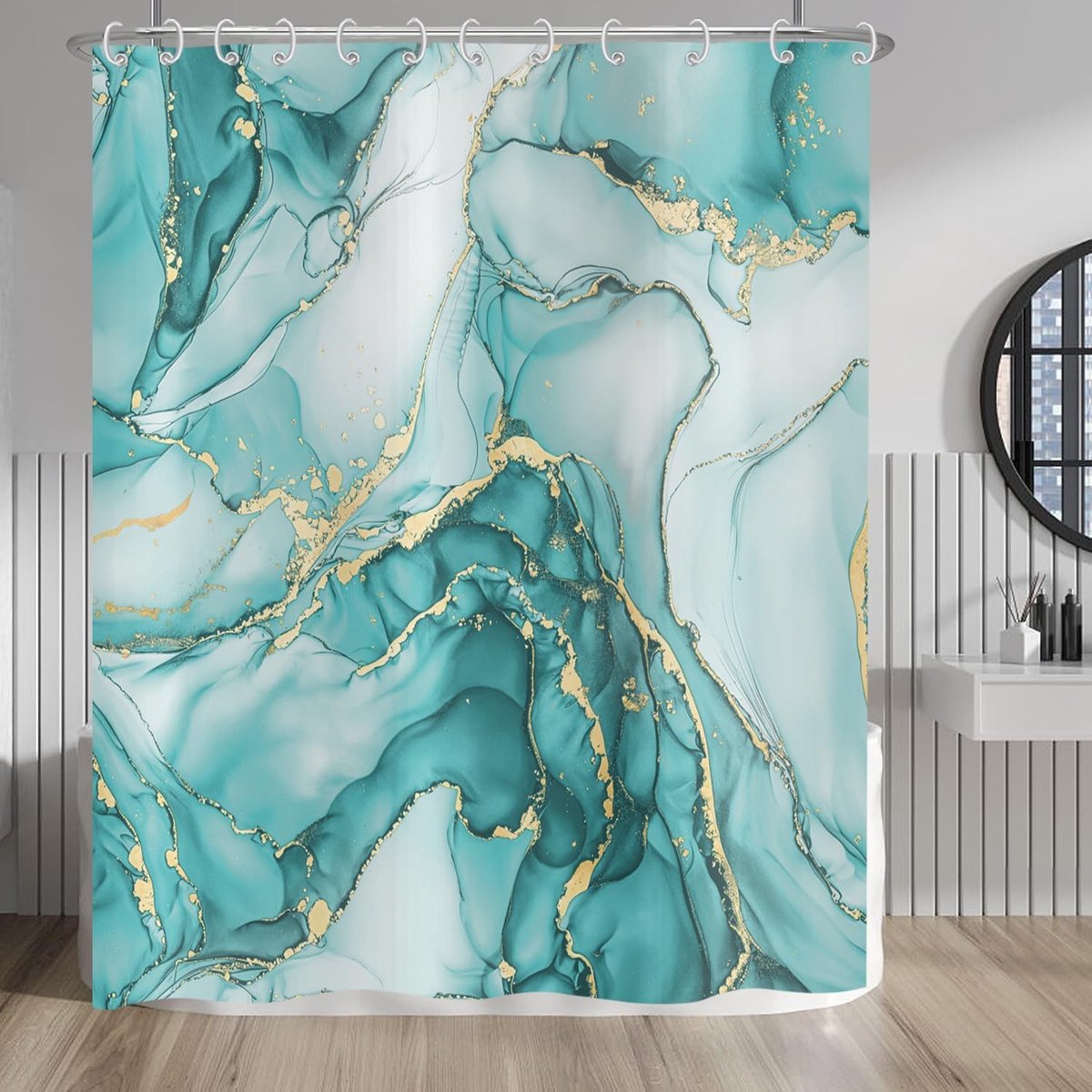 Douchegordijn, turkoois goud abstract marmeren badkamer gordijnen luxe moderne esthetische kunst inkt textuur waterdichte polyester stof wasbare badgordijnen met haken 180 x 200 cm