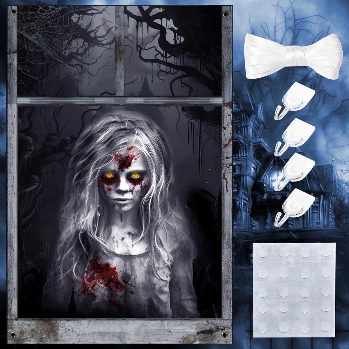 1 stuks griezelige Halloween-decoratie, 120 x 80 cm, raamdecoratie, horrorraamdecoratie, spookaccessoires, decoratie, deurdecoratie, buiten, raamdecoratie, deurdecoratie, horror