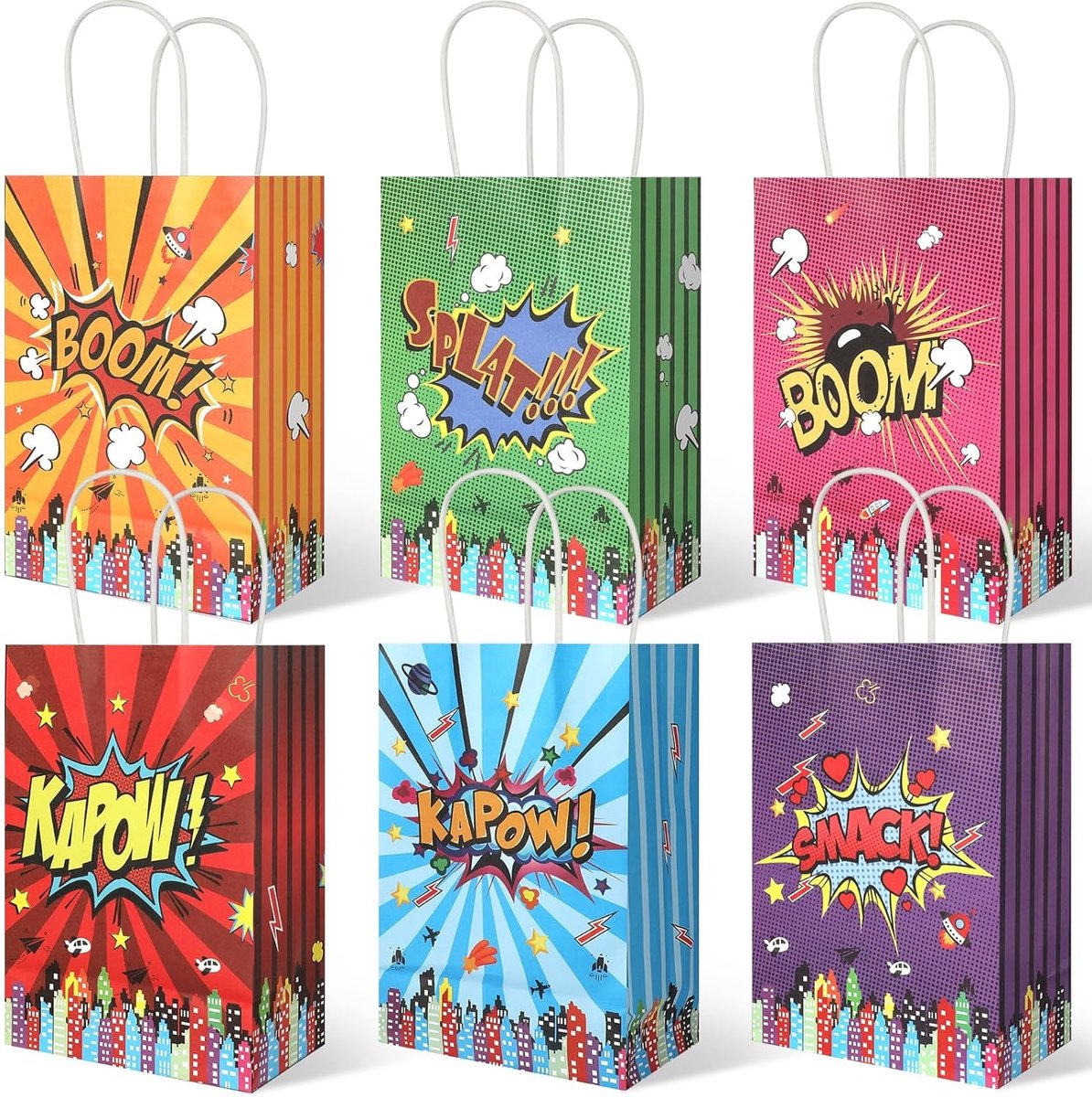 20 stuks Superheld Feestartikelen Tassen met Handvatten, Comic Hero Kraft Papieren Zakken, Goodie Bag Candy Treat Gift Bag voor Boom Hero Thema Verjaardagsfeestartikelen