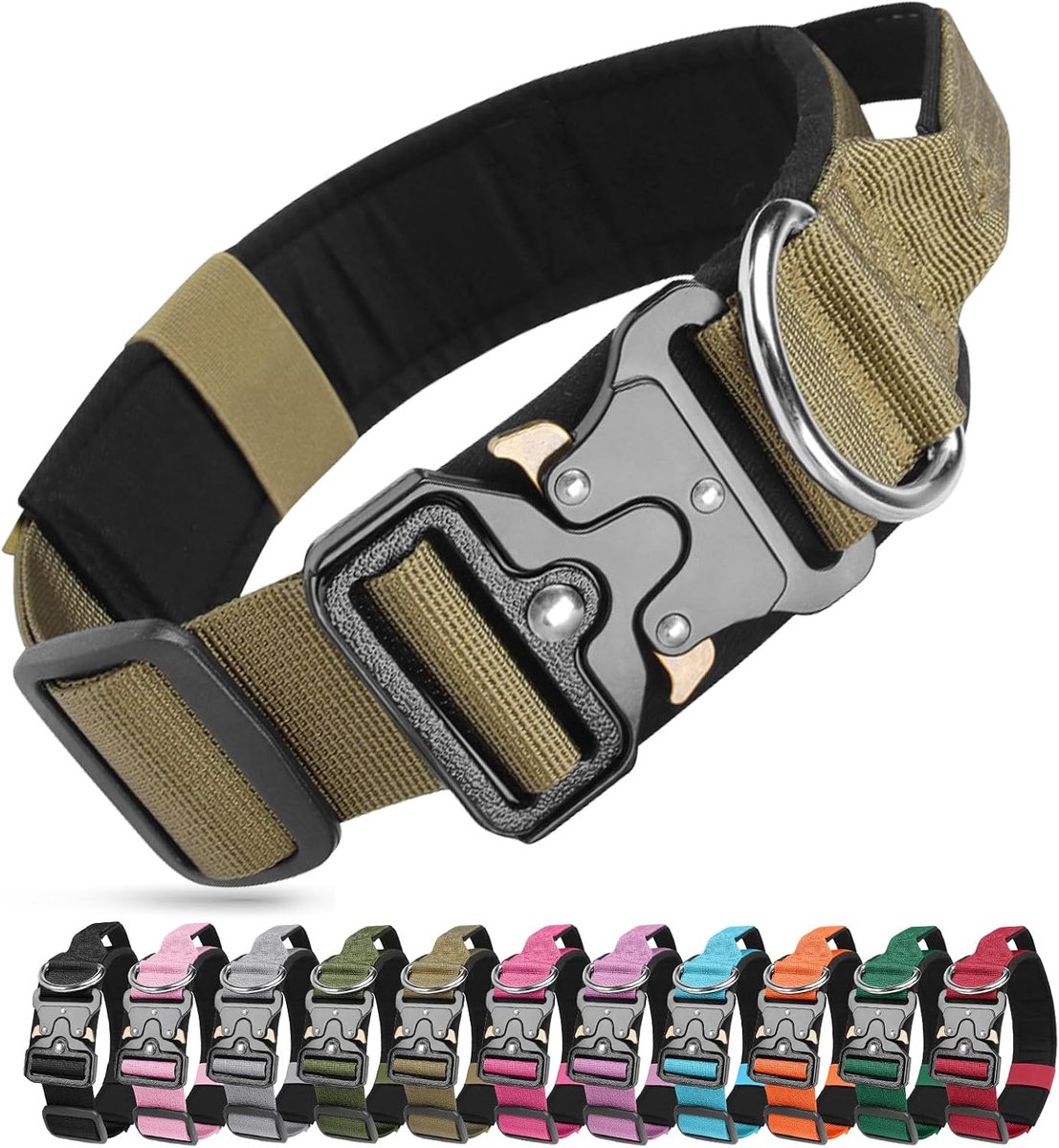 Hondenhalsband met handgreep, zacht gevoerd verstelbaar hondenhalsband, nylon breed trainingshalsband, robuuste hondenhalsband met metalen gesp voor middelgrote grote honden (kaki, M)