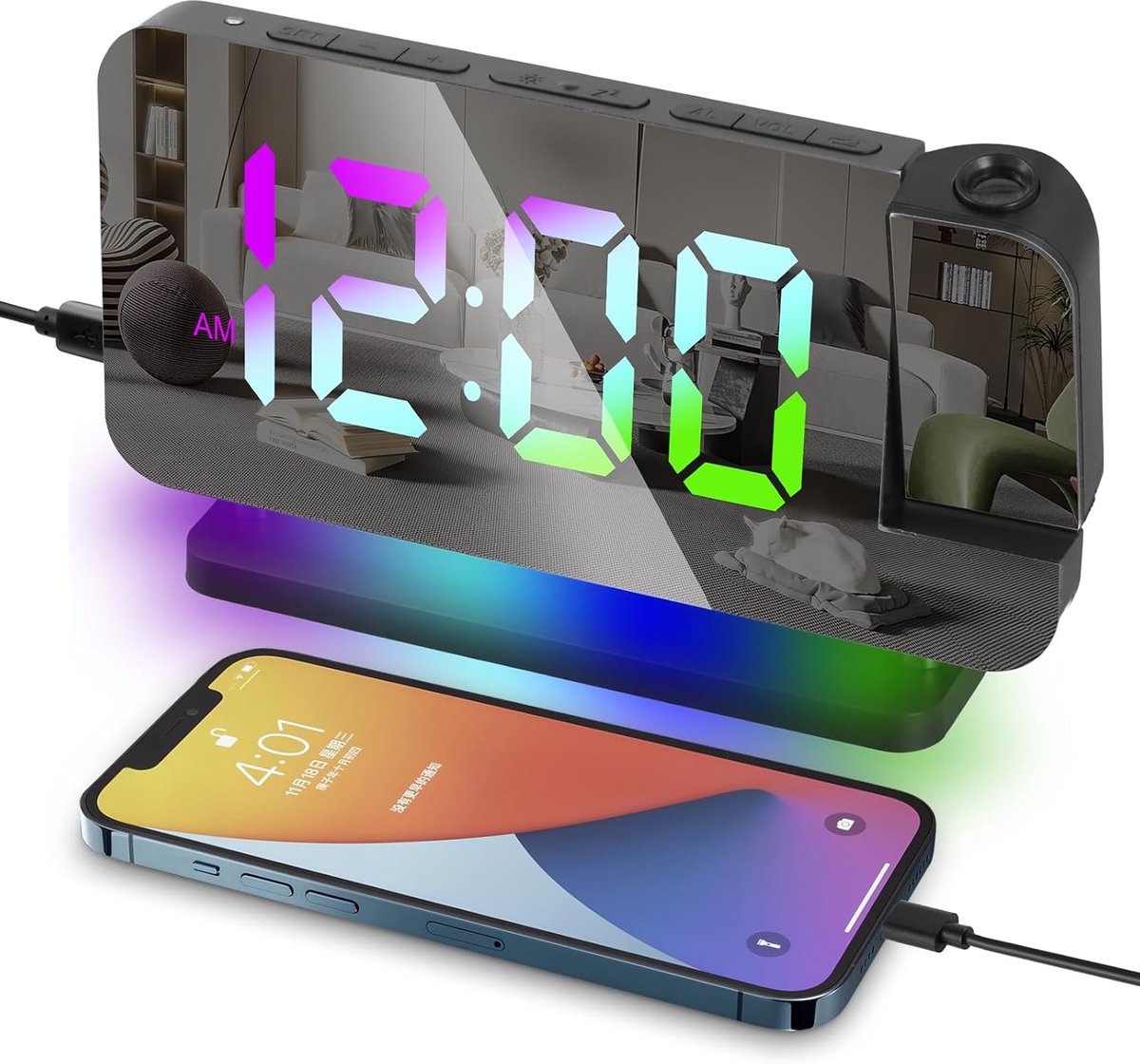 Projectiewekker, digitale klok met projector, 180 graden draaibaar, digitaal display, 11 kleuren, RGB-nachtlampje, dimbaar, volume, snooze, voor slaapkamer