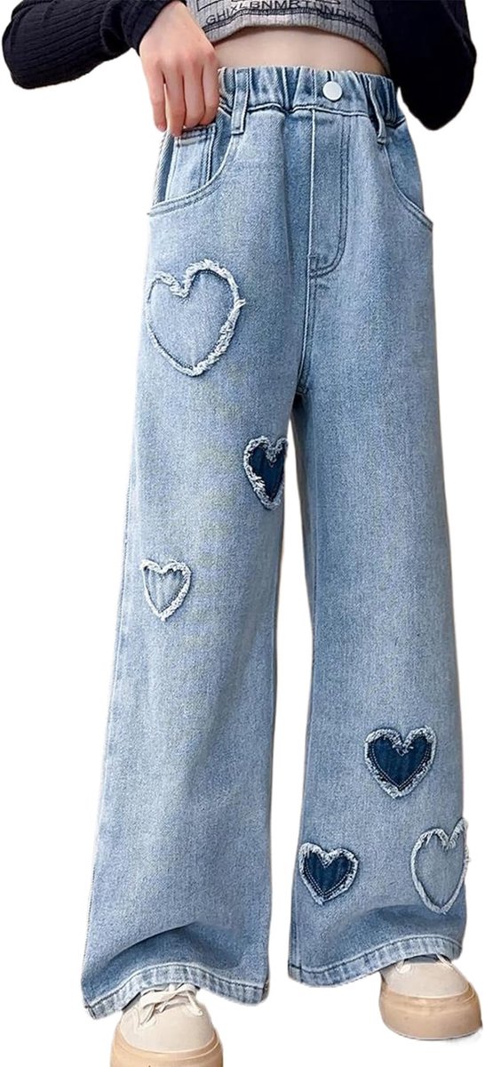 Jeans voor meisjes, hoge taille, brede pijpen, denim, losse bootcut, voor kinderen van 6-15 jaar
