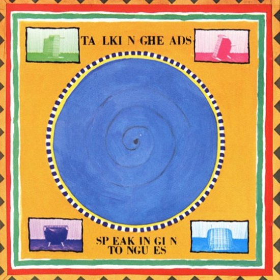 Album cover met gele achtergrond, een blauwe cirkel in het midden, en de tekst TALKI N GHE ADS en SPEAK IN GI N TO NGUE S.