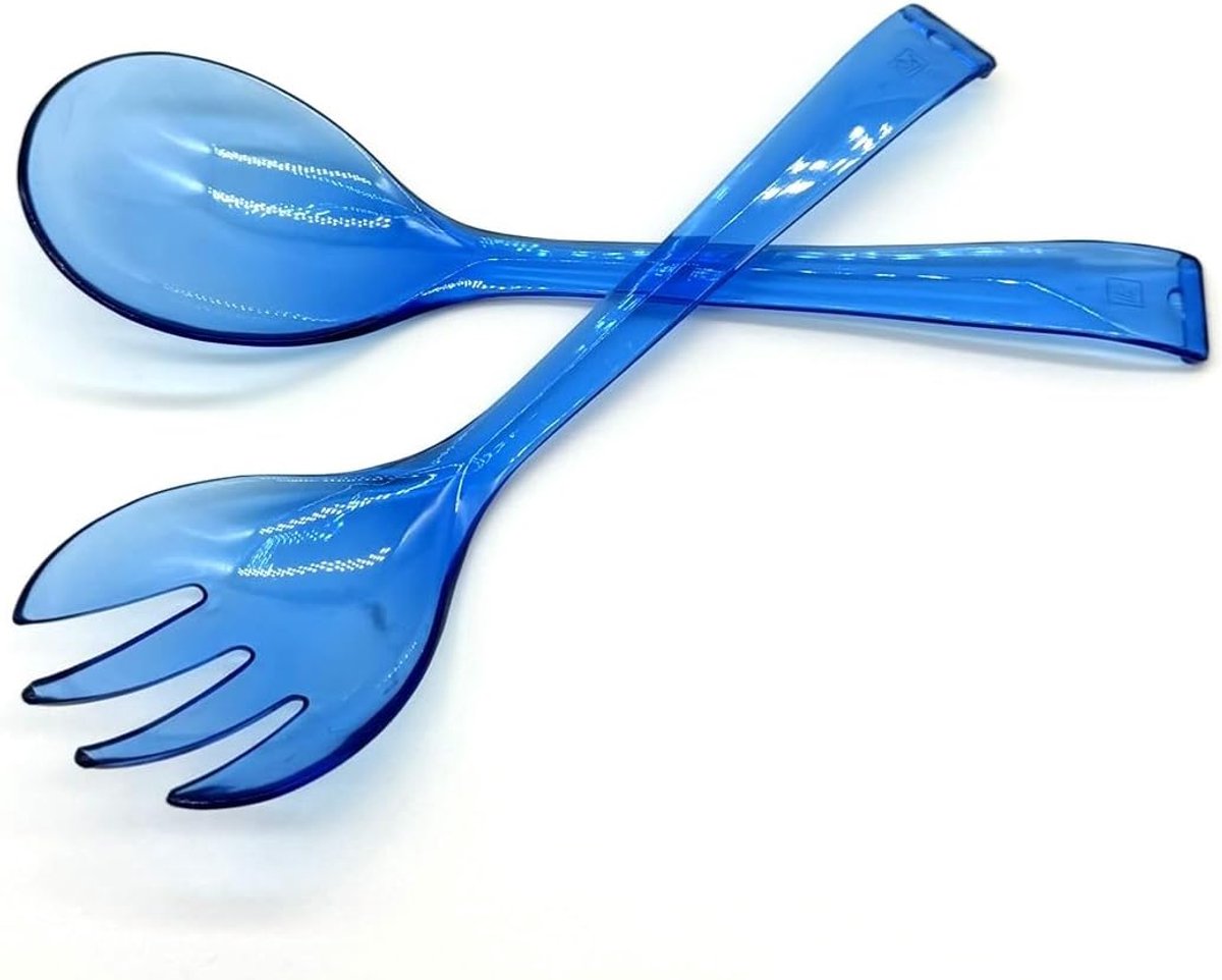 Saladebestek serveerbestek 2-delig, kunststof plastic bestek blauw transparant