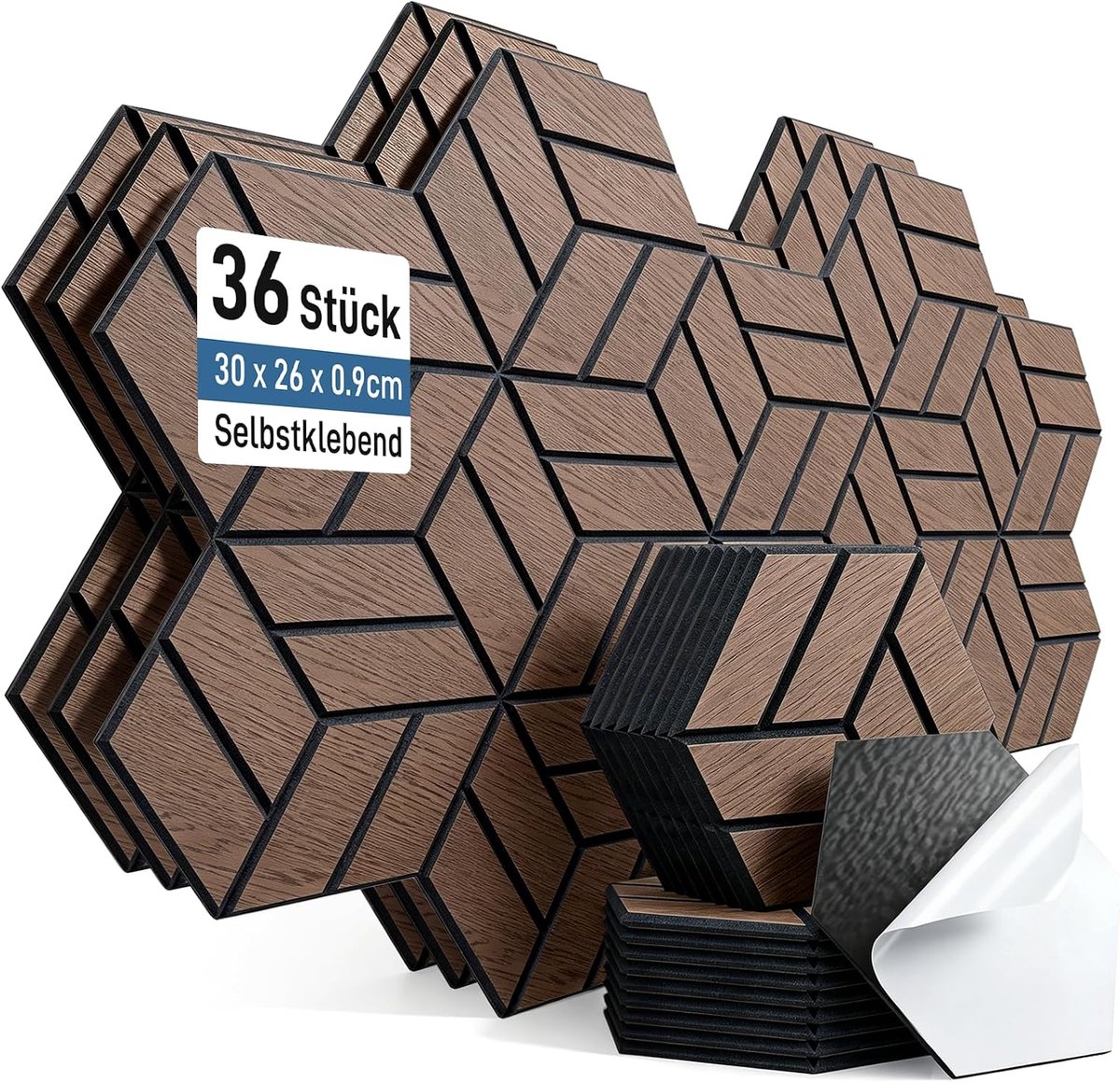 36 stuks zeshoekige akoestische platen, zelfklevend, 30 x 26 x 0,9 cm, geluidsisolatieplaten met hoge dichtheid, voor studio, kantoor, akoestische behandeling en gamingdecoratie, walnoot