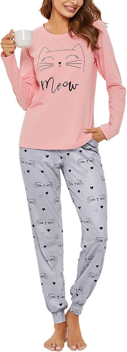 Katoenen Pyjamasets met lange mouwen, dames, nachtkleding met ronde hals, top met kattenprint en pyjamabroek