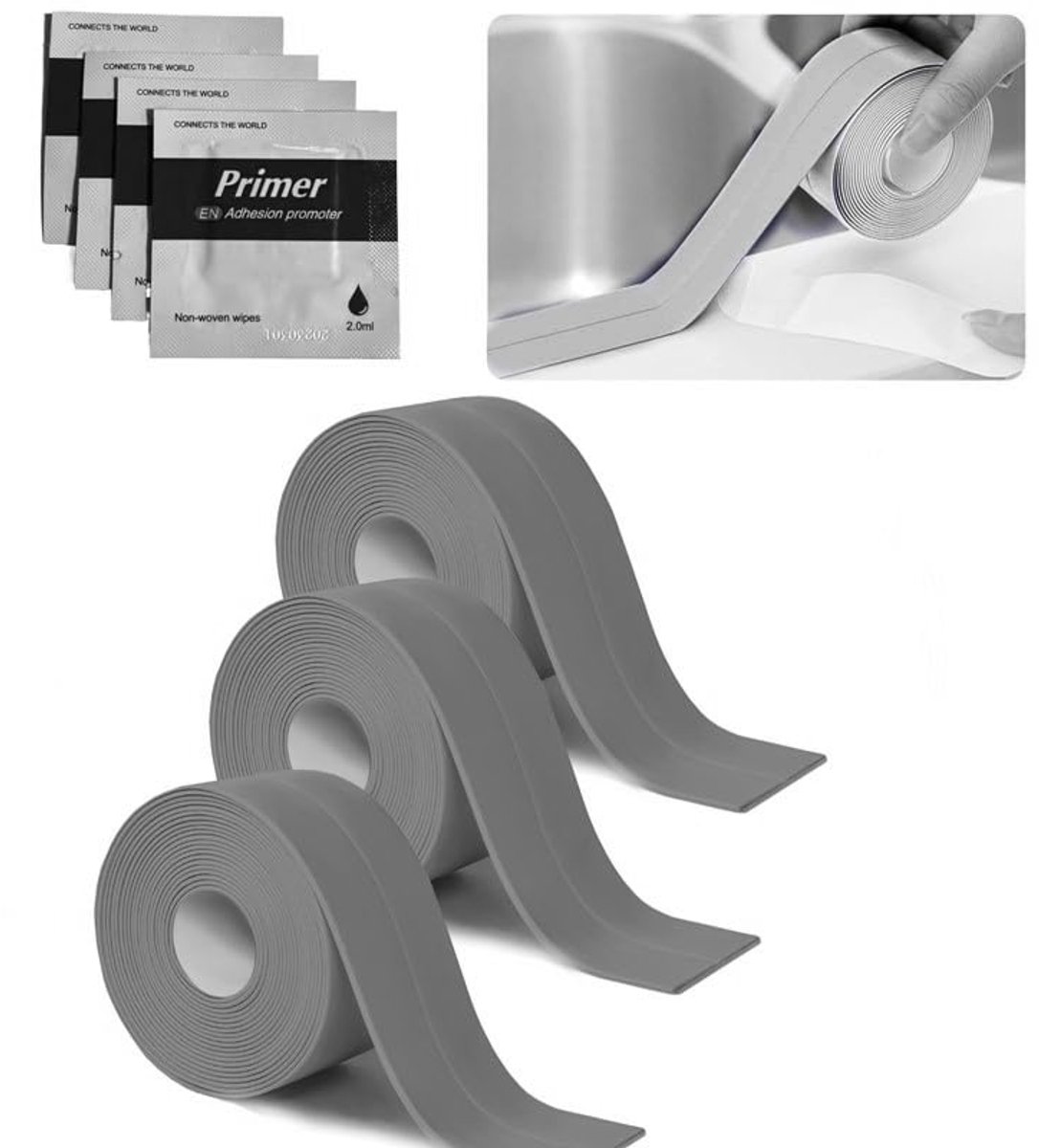 Zelfklevende bidets afdichtingsstrips, 3 rollen afdichtingsbanden (bouwmarkt), waterdicht, voor keuken, gootsteen, wandplafond, toilet, badkuip (grijs