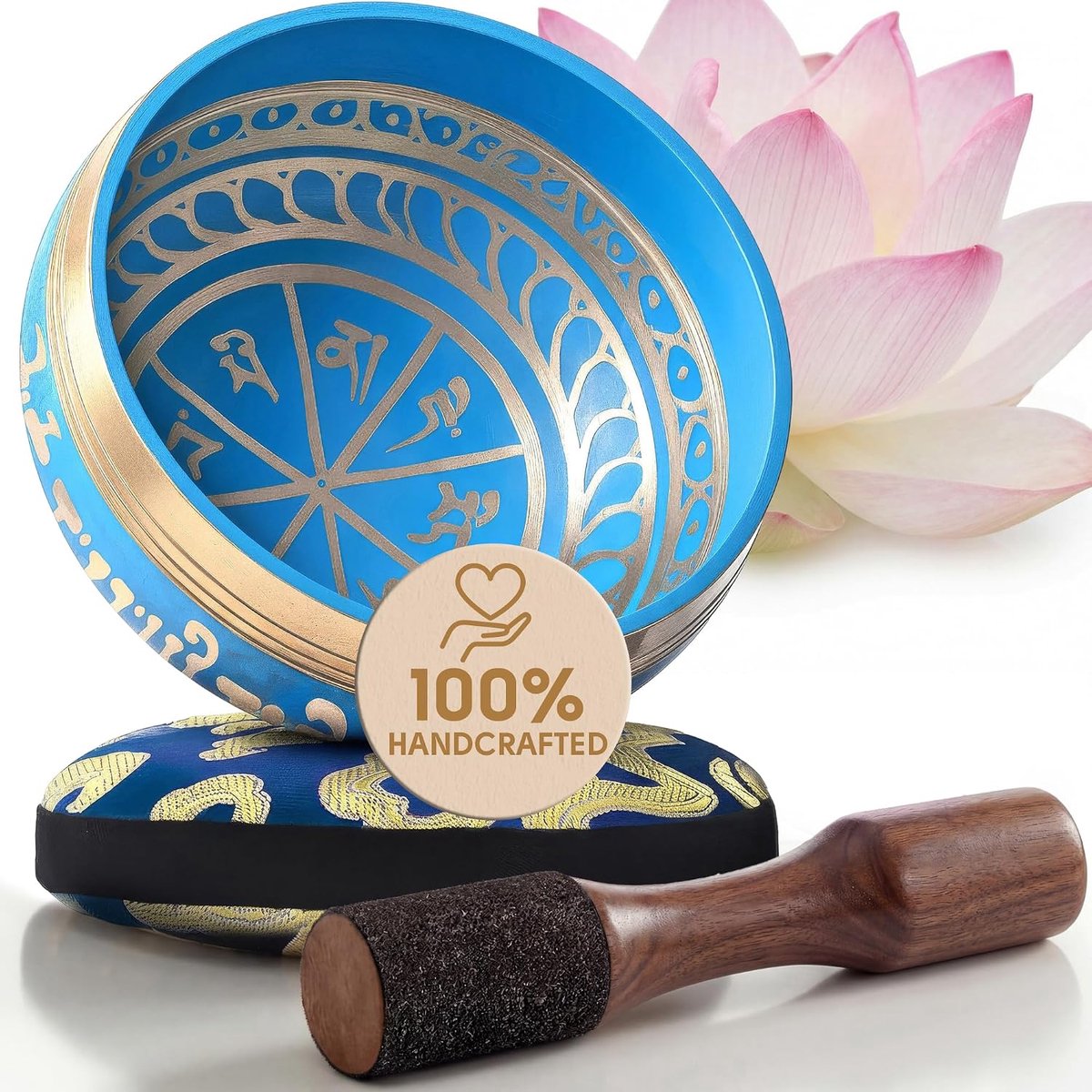 Mind ~ Tibetaanse klankschaal set ~ Met dubbelzijdige hamer en zijden kussentje ~ bevordert harmonie, chakra healing, en mindfulness - Blauw