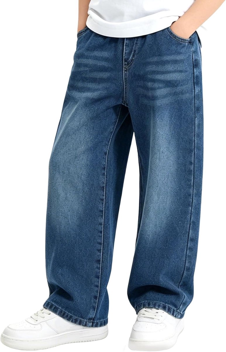 Jeans Jongens Rechte Baggy Jeans Broek Loose Fit Denim met Elastische Taille Relaxed Denim Broek Casual Blauwe Broek Fashion Stretch Wijde Streetwear Broek voor 13-14 jaar, maat 164