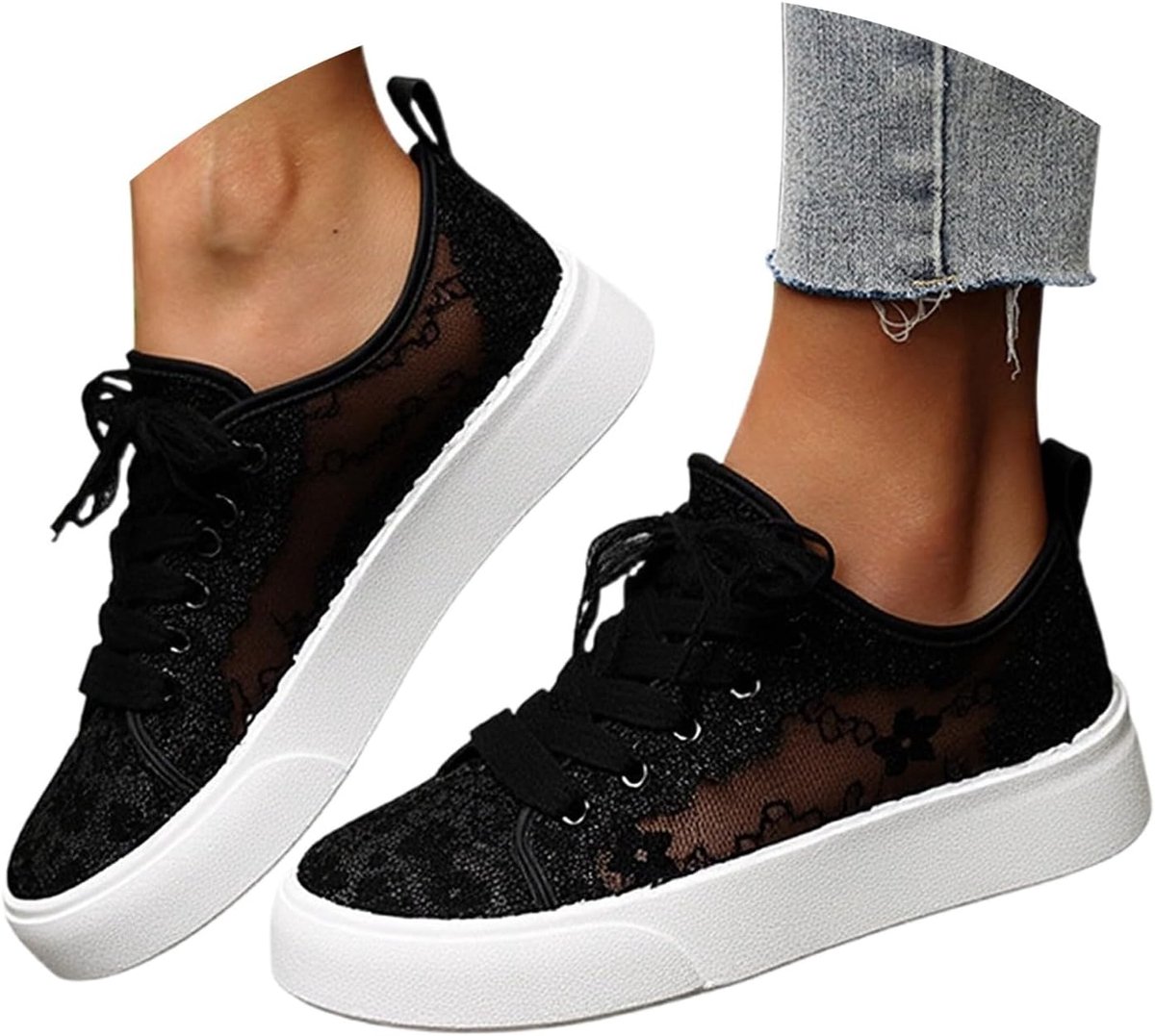 Trachten Weiße Sneaker Damen Spitzen - Dirndl Schuhe Flach Trachtenschuhe Mesh Sommerschuhe Bequem Bestickte Plateau Hochzeitsschuhe Brautschuhe Sommer Stoffschuhe Oktoberfest Turnschuhe, 35-43 EU