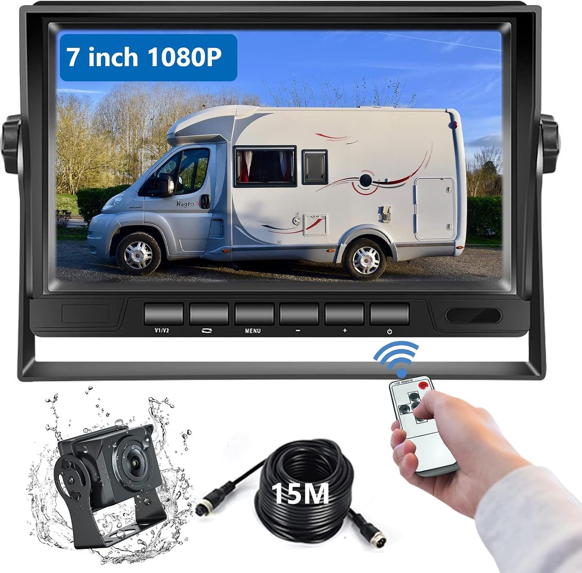 Achteruitrijcamera draadloze cameraset met 7" LCD-monitor parkeerhulp, IP69 waterdicht, nachtzicht richtlijnen voor campers/caravans/vrachtwagens/aanhangwagens/landbouw/zwaar transport 12-24V