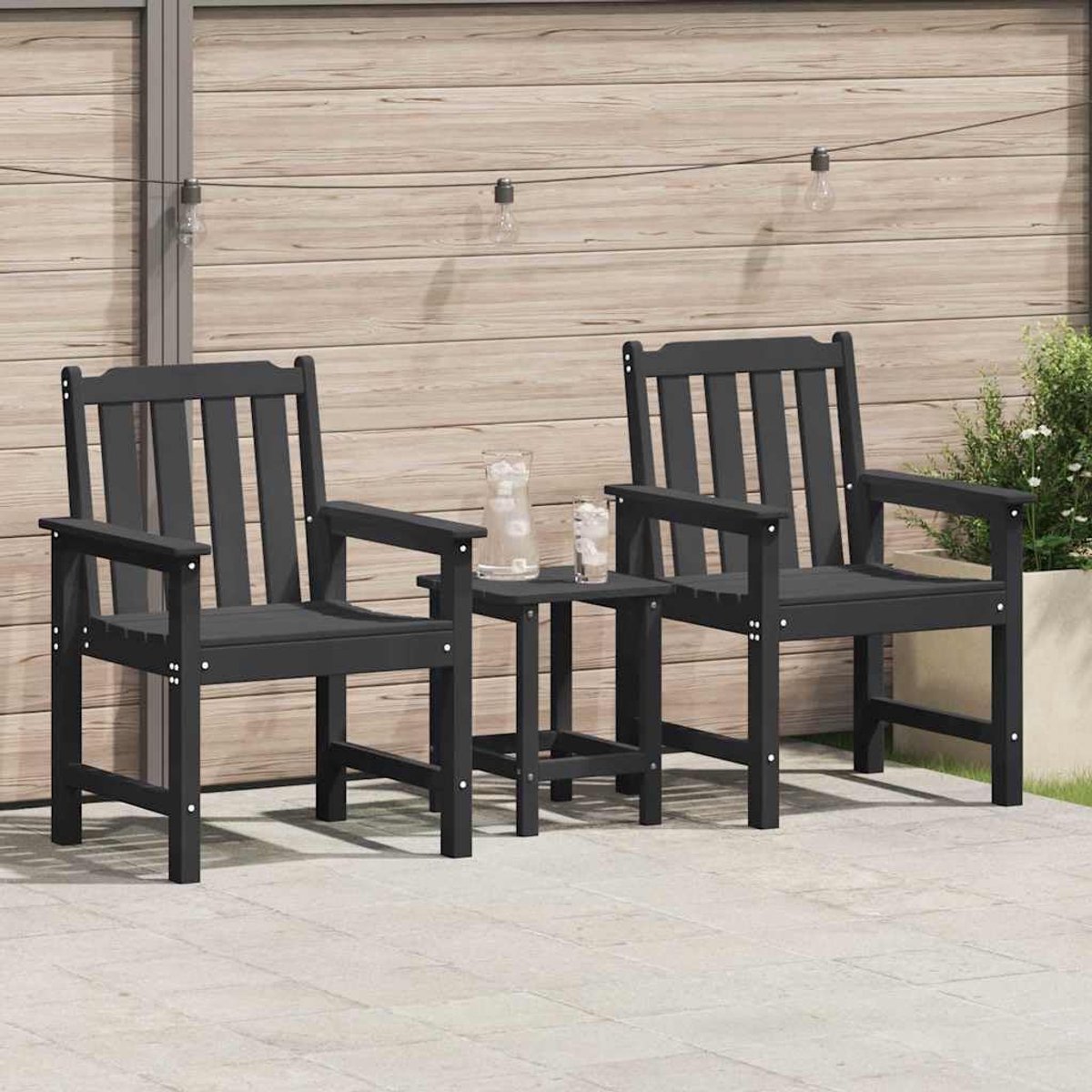 Tuinstoel, 2 stuks, van HDPE en roestvrij staal, zwart, 65,5 x 59 x 88 cm, voor eetkamer, terras en tuin, minimalistisch design, eenvoudige reiniging