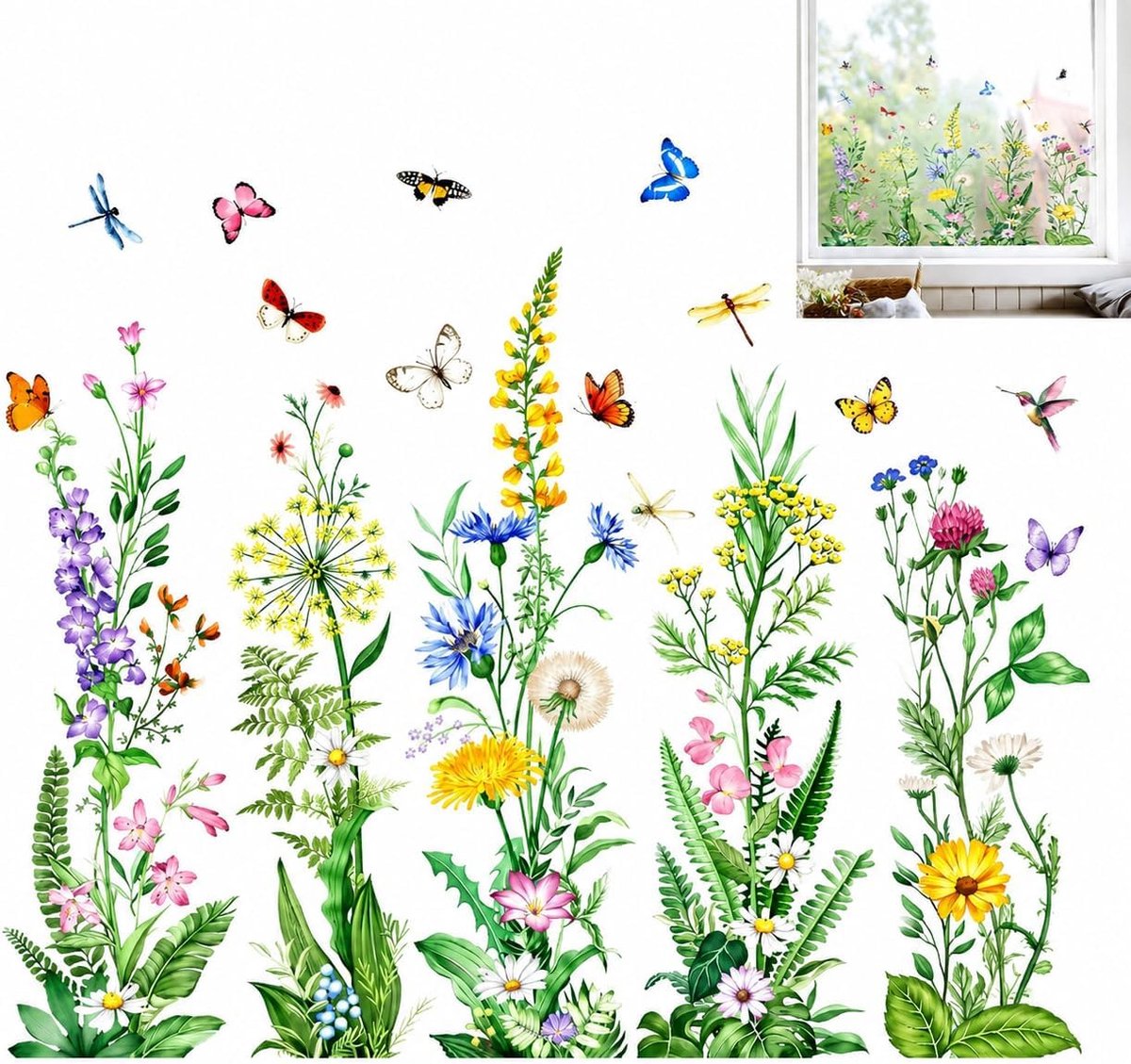 Bloemsticker voor Ramen & Glazen Deuren – Statistisch, Spoorloos Verwijderbaar, Realistische Wildbloemen & Vlinders, Groene Plantendecor voor Thuis