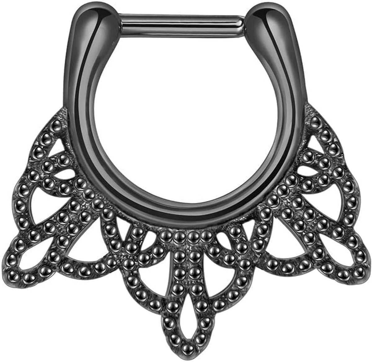 Septum piercing ring roestvrij staal, 16G (1,2 mm), 8 mm/10 mm, zilver/goud/zwart/roségoud, rond bol- en bloemendesign, voor septum, helix, kraakbeen, rook, conch, fluwelen zakje