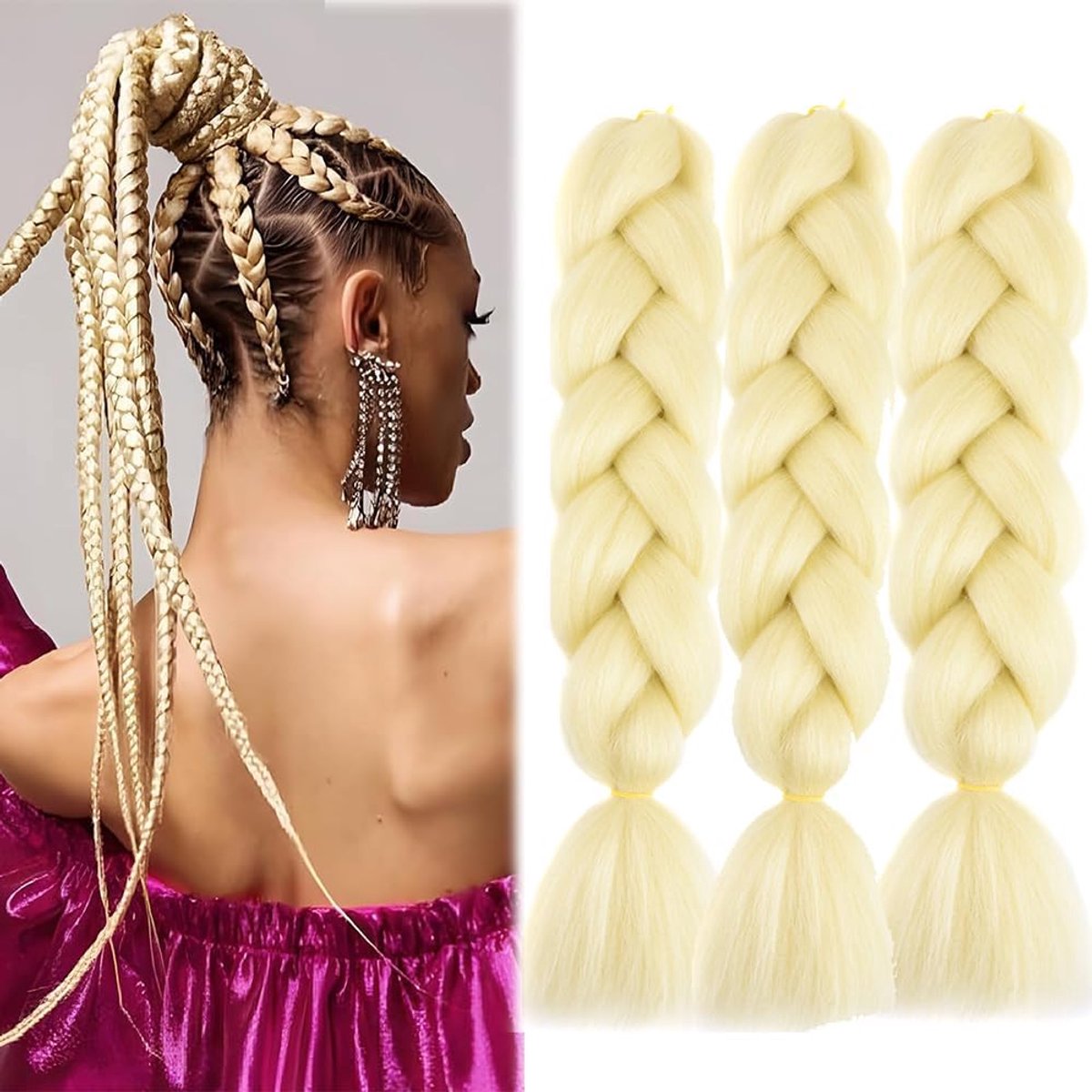 blond haar voor vlechten, 3 packs Jumbo Braid haarverlengingen 61 cm, vlechten extensions kunsthaar voor crochet, twist, vlechten haar (#613 Blond, 61 cm (3 per pakket))