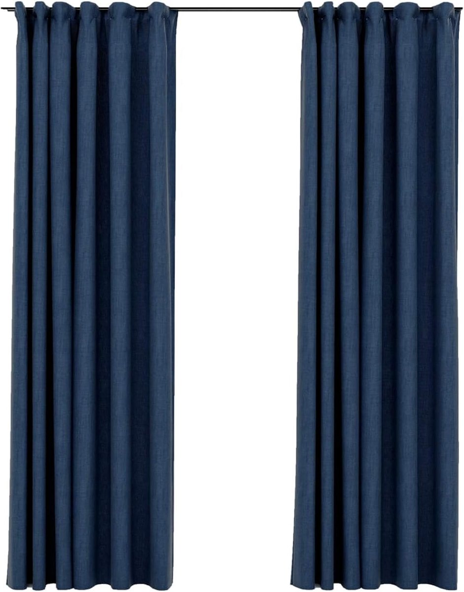 Verduisteringsgordijnen met haken, linnenlook, 2 stuks, blauw, 140 x 225 cm, decoratie voor binnenshuis, klassieke gordijnen en gordijnen, met metalen haken