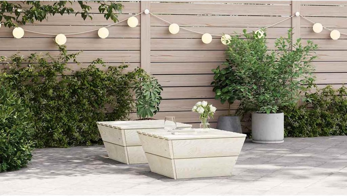 Tuintafels, buitentafel, 2 stuks, 60 x 60 x 30 cm, geïmpregneerd sparrenhout