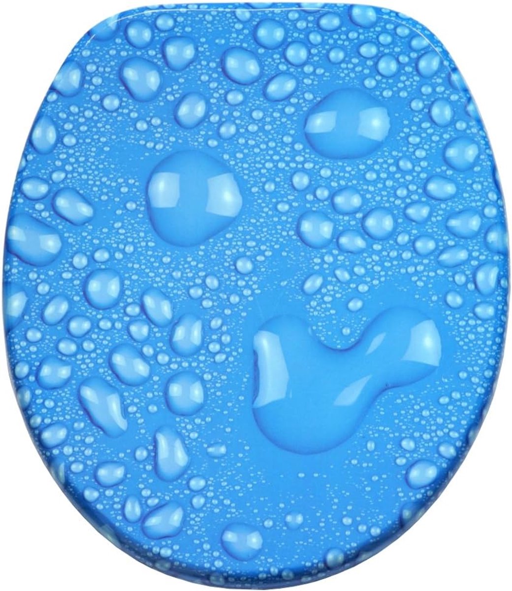WC-bril met softclose, hoogwaardig oppervlak, eenvoudige montage, stabiele scharnieren, dauwdruppels blauw