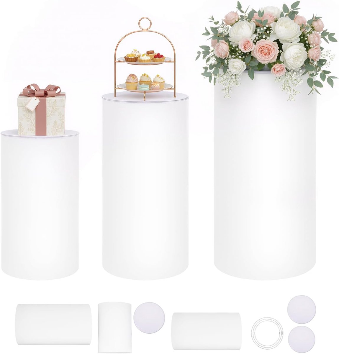 3 stuks witte cilindrische sokkelstandaard, cilindersokkel, staand, set van 60 cm/75 cm/90 cm, ronde sokkel, ronde taartstandaard, voor bruiloften en verjaardagsfeesten