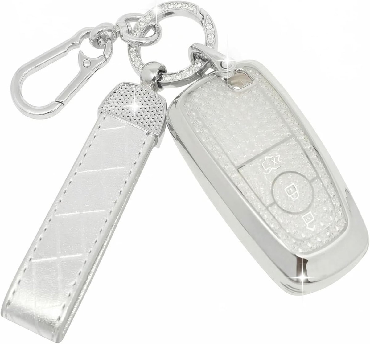 Autosleutelhoesje met Leren Sleutelhanger Compatibel met Ford Ranger Raptor Mondeo Mustang Edge Custom Kuga Fiesta Focus Transit,Autosleutel Behuizing - Sleuteletui - Smart Key (Zilver)