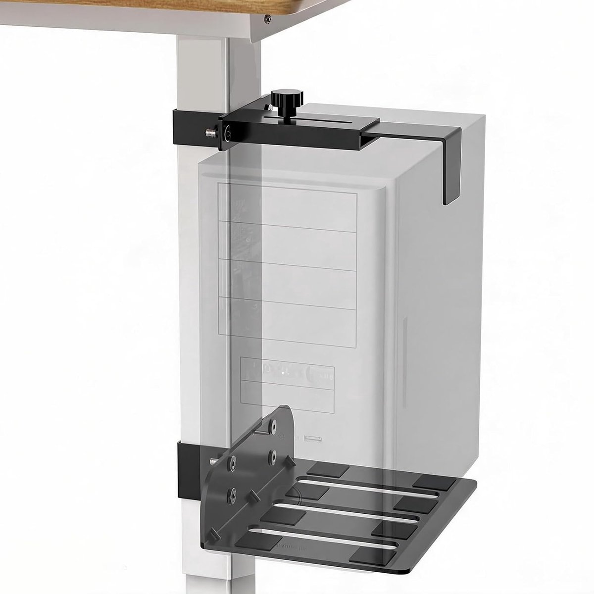 Pc-houder onder het bureau, houder onder het bureau, klembevestiging zonder boren, belastbaar tot 18 kg / 40 lbs, alleen voor tafelpoten 80 × 50 mm, eenvoudige montage