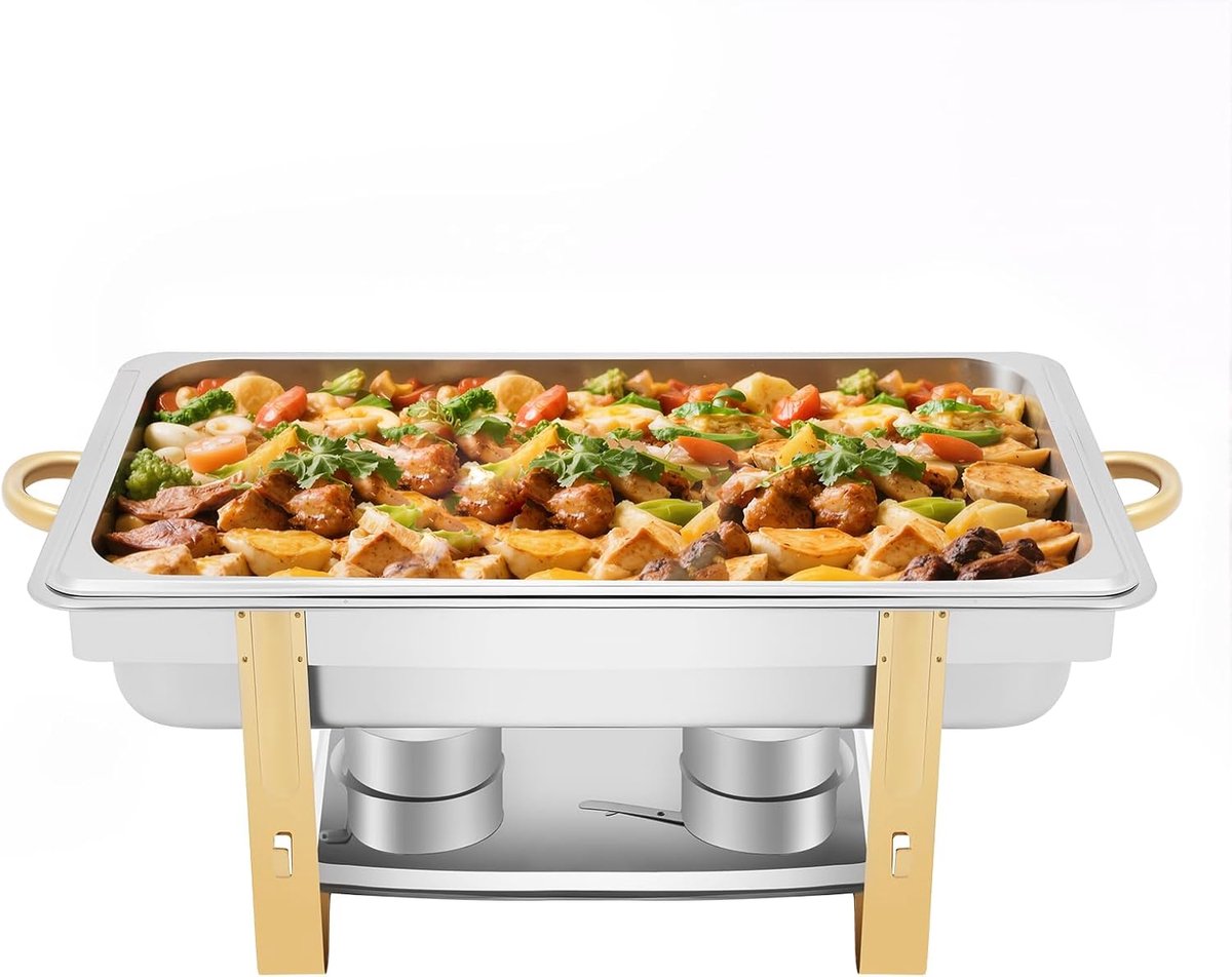 Warmhoudcontainer voor levensmiddelen, roestvrij staal, kookverwarmer, roestvrij staal, kookschaal + deksel voor catering, buffet en feest, 9 liter, goud