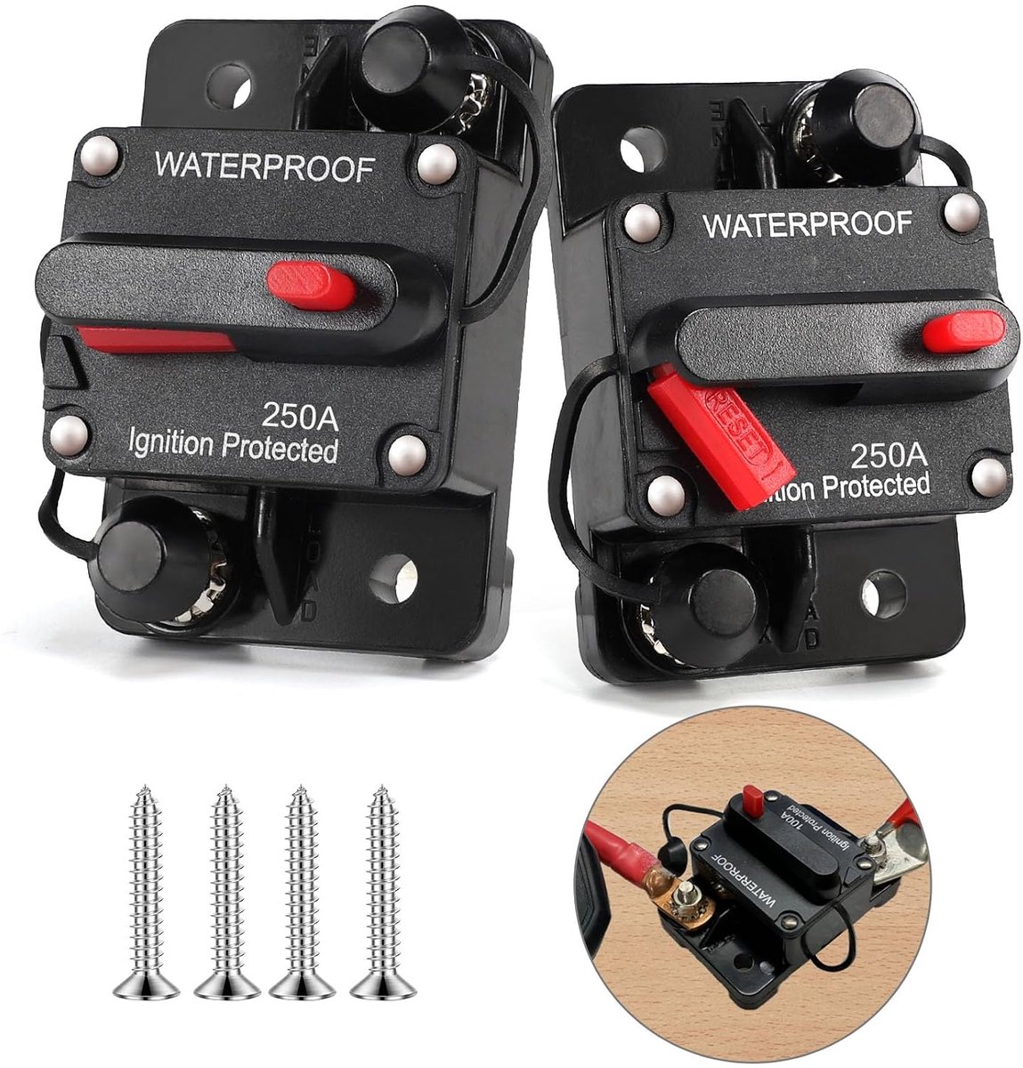 2 stuks 250 A automatische schakelaar auto zekeringhouder 12 V-48 V DC 250 A waterdichte automatische zekeringhouder met handmatige reset voor auto vrachtwagen boot marine stereo