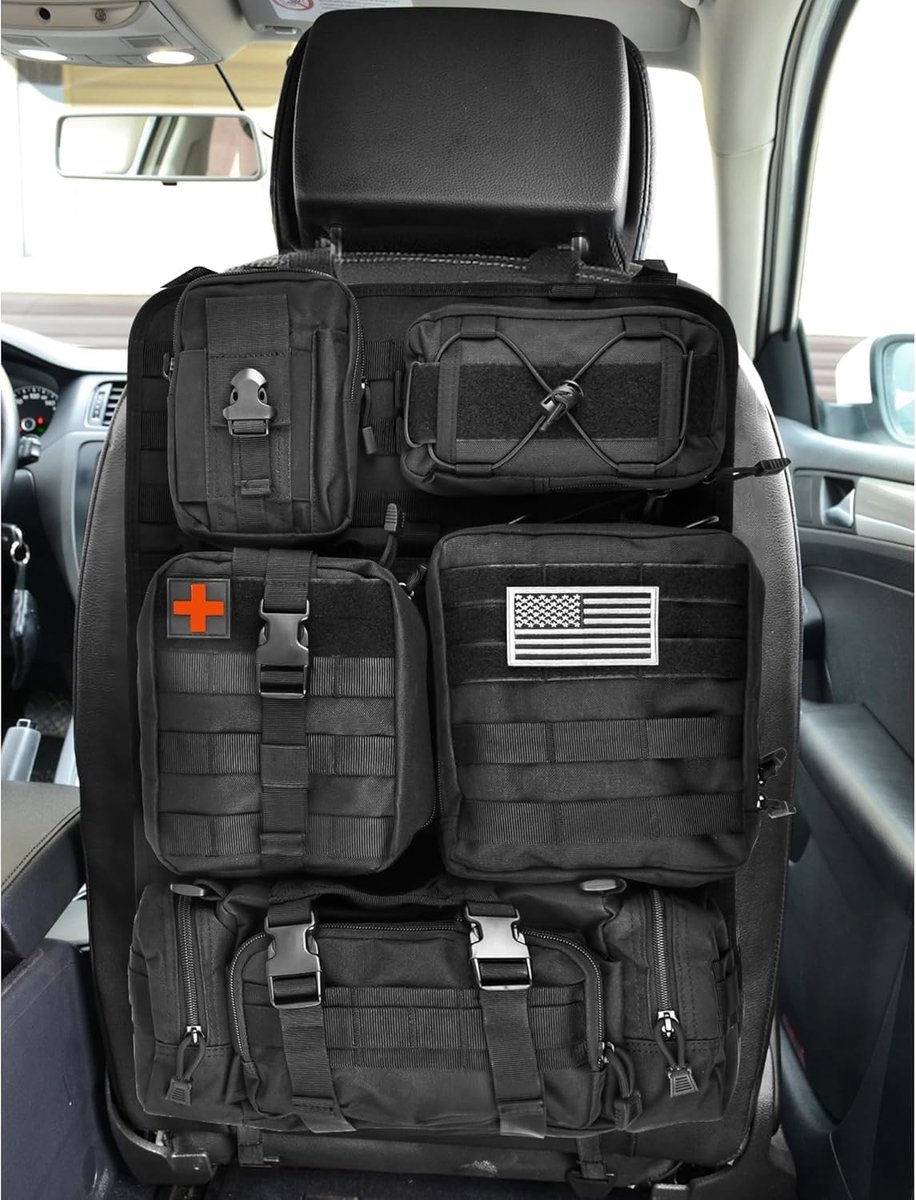 Organizer voor de achterkant van de autostoel, Molle Panel organizer met 5 afneembare Molle-vakken, voor auto vrachtwagen (zwart)