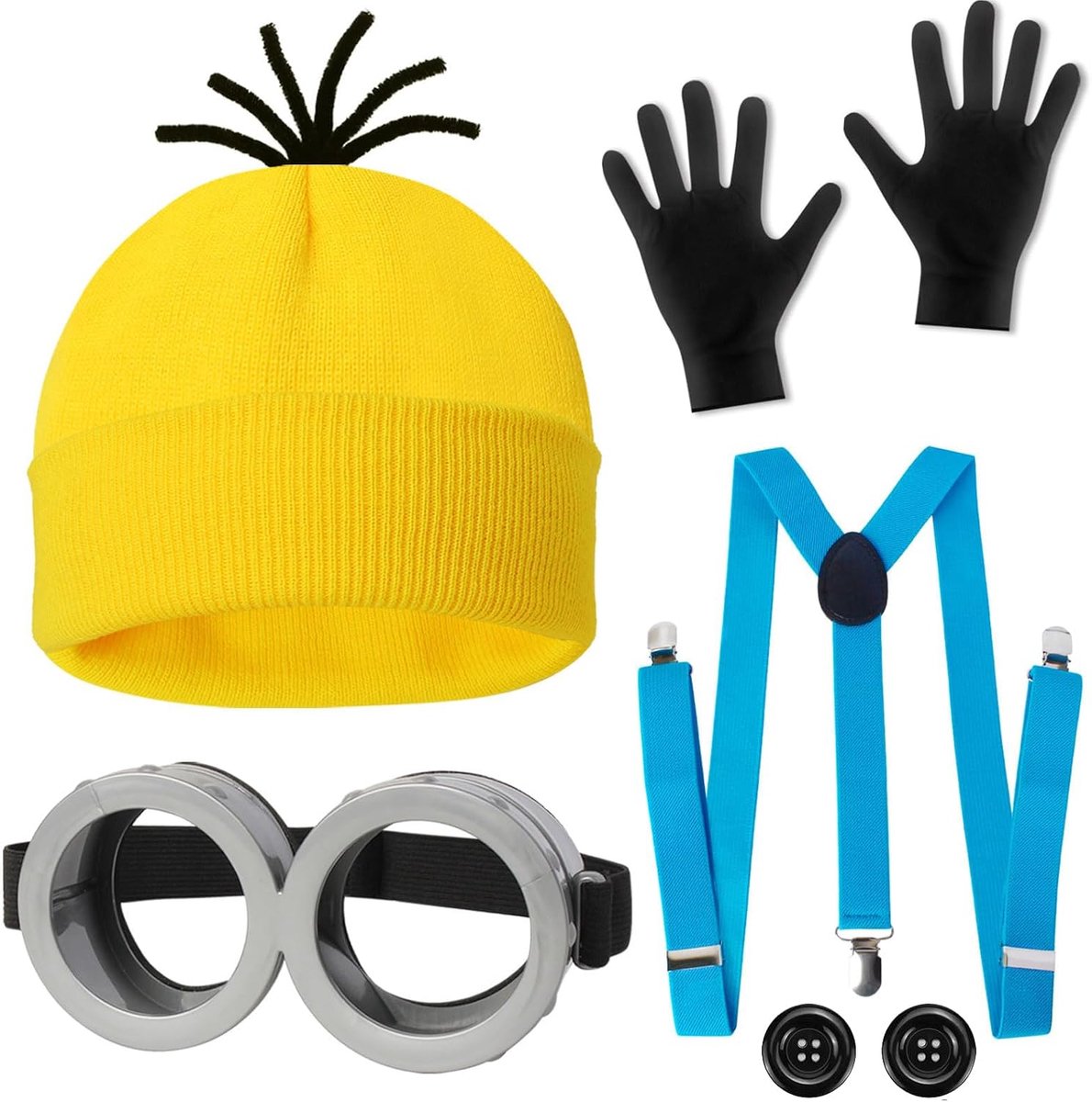 Kostuumset voor cosplay, filmkostuum met steampunk-bril, gele muts, zwarte handschoenen, carnavalskostuum, cosplay, gele filmfiguren voor volwassenen en kinderen