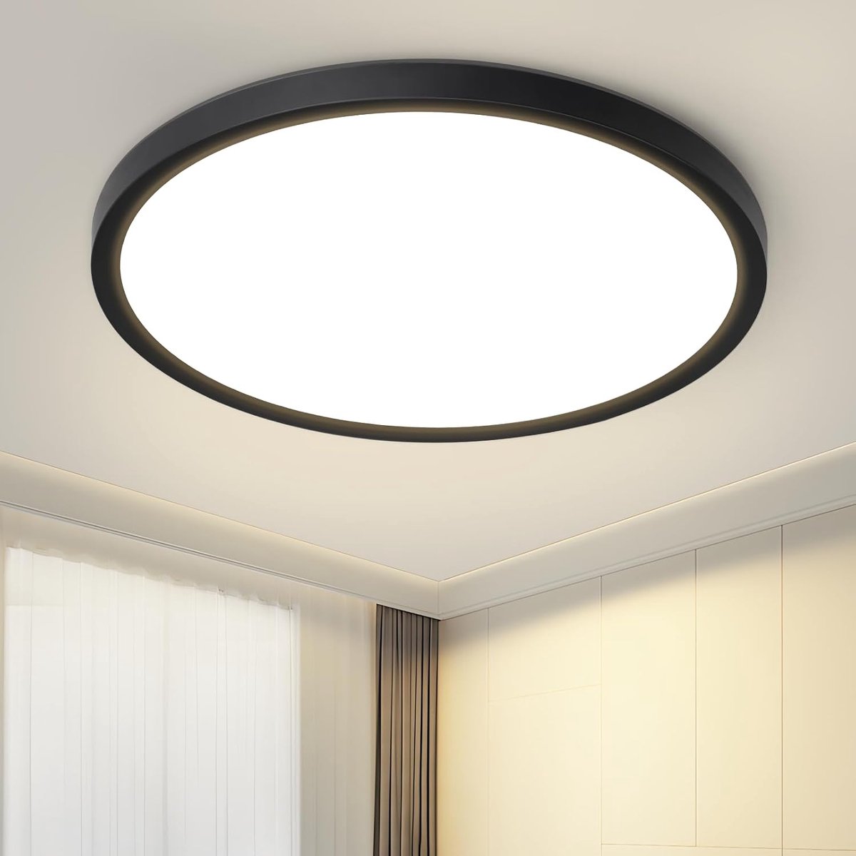 Platte LED-plafondlamp - 15W ronde slaapkamerlamp, 18cm zwarte badkamerlamp, 4000K koelwit licht, hallamp, keukenplafondlamp voor gang, balkon, kelder
