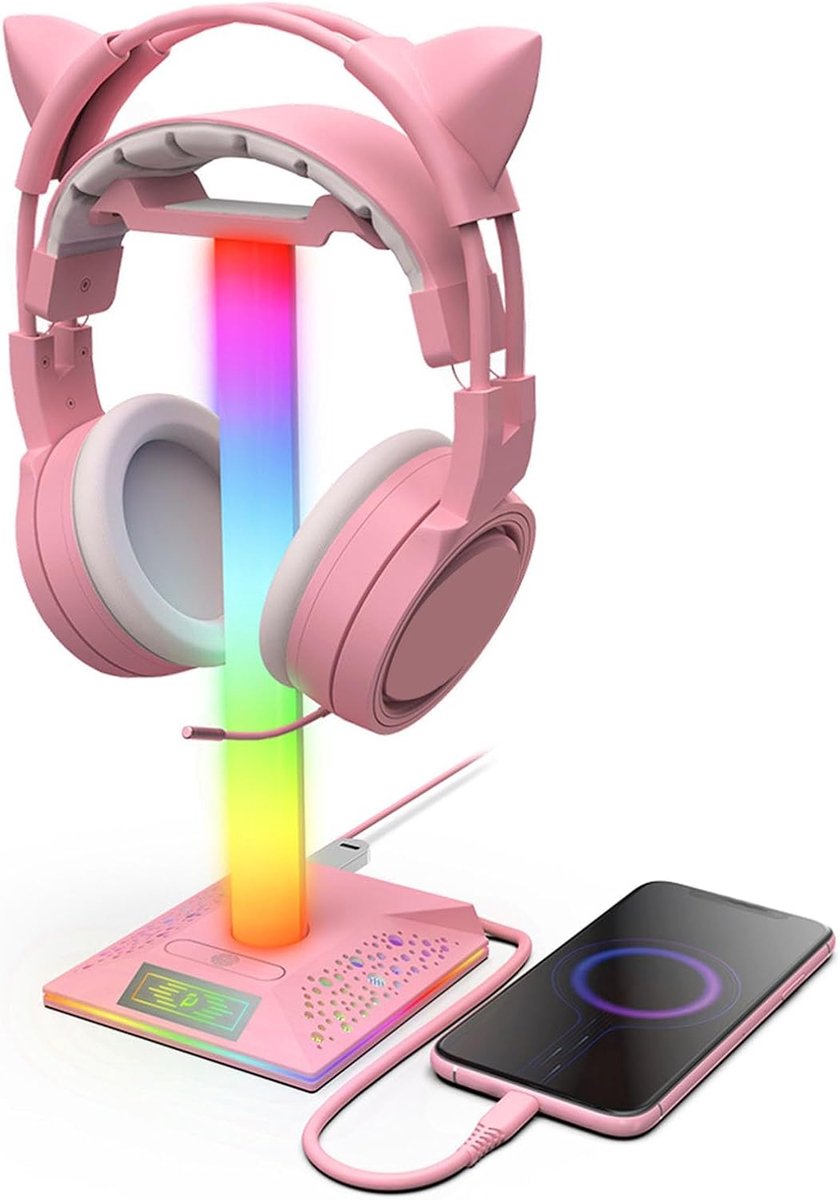 RGB-gaming-headsetstandaard voor meisjes, hoofdtelefoonhouder met 10 verlichtingsmodi en USB-oplaadpoort geschikt voor gamer desktop tafelspel oortelefoonaccessoires