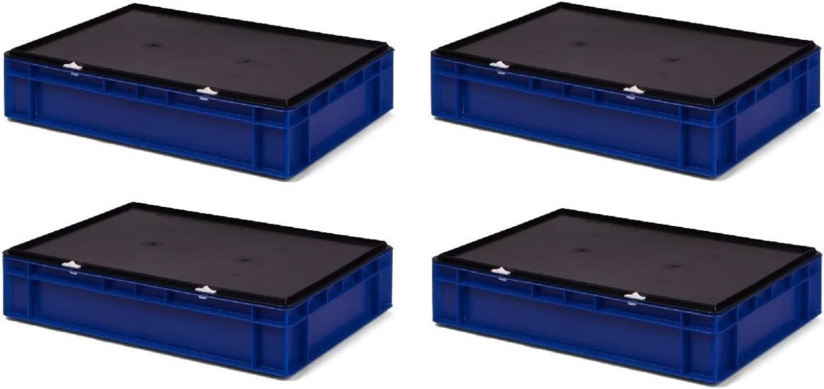 4 stuks TK612-VD, Transportstapelbak blauw met zwart afsluitdeksel, 600x400x131/120 mm (LxBxH), volume 22 liter, draagvermogen 40 kg, voedselveilige industriekwaliteit van PP