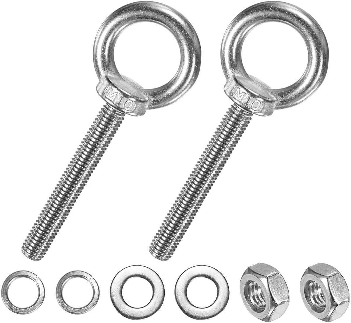METERXITY Set van 2 ogen van roestvrij staal M10 x 70 mm met schouders met moeren en sluitringen, buitendraad, ogen met schouderlengte 6,9 cm voor ophanging/bevestiging