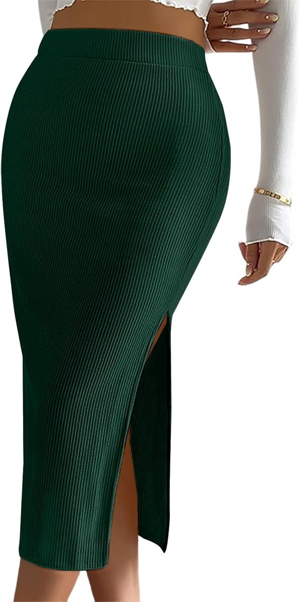 Dames Hoge Taille Elastische Ribgebreide Midi Eendelige Jurk Gesplitste Zoom Midi Casual Kokerrok Lang