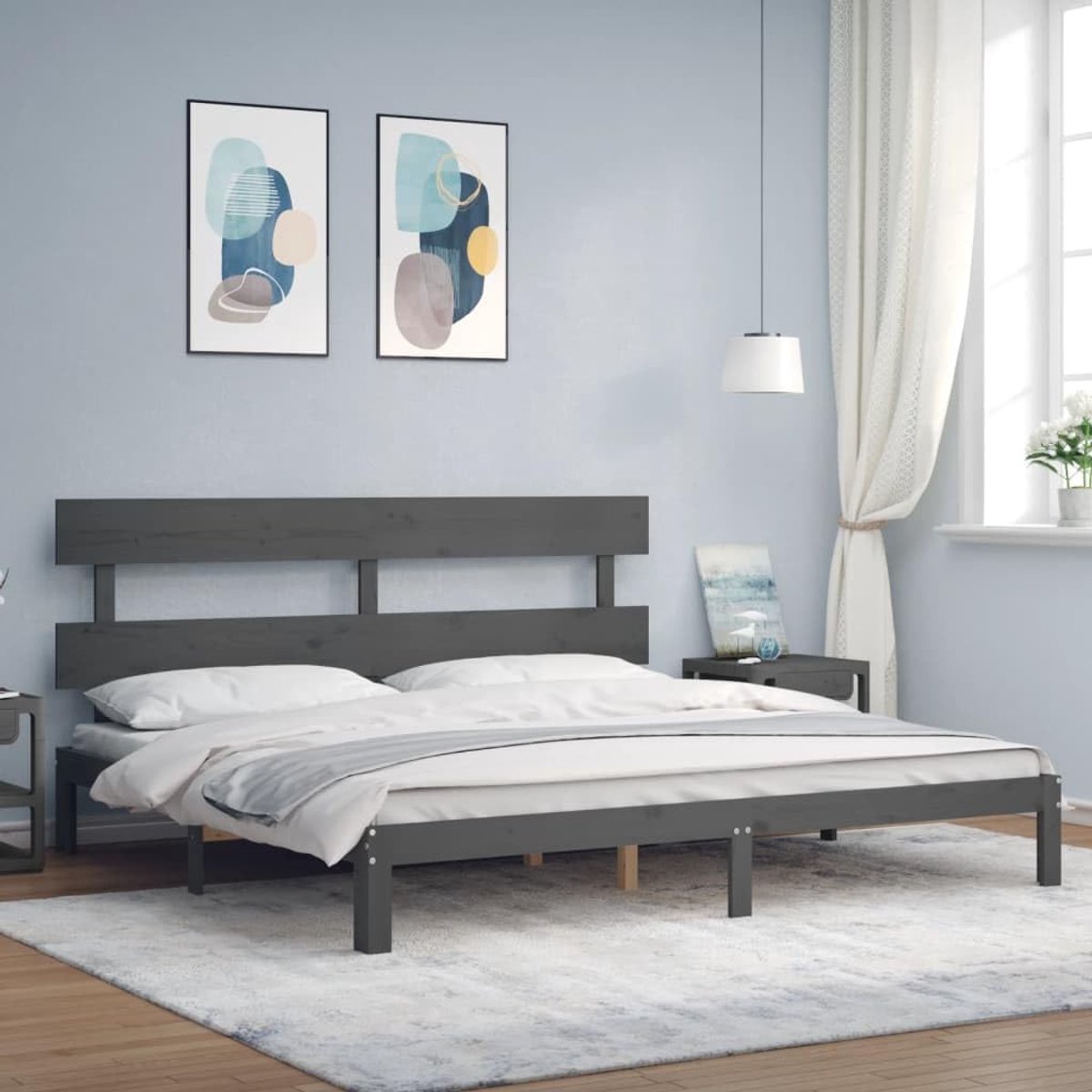 Grenenhout bedframe met hoofdbord 200x200 cm grijs