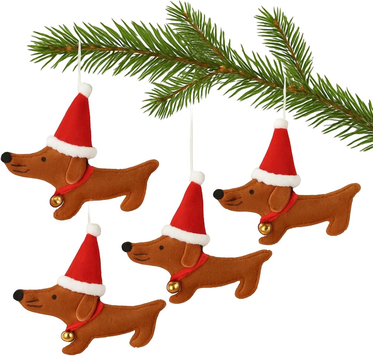 Dailygoods- Kerstboomhangers Set van 4 - Teckel met Kerstmuts - Handgemaakte Versiering - Decoratieve Hanger - 14 cm - Zacht Polyestervilt - Kerstdeco