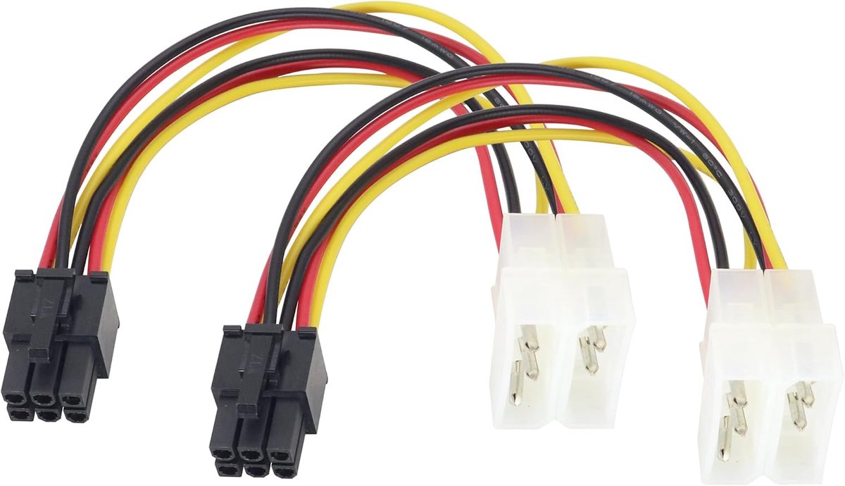 2 stuks Dual 4-polige Molex naar 6-polige PCI-E-computer-grafische kaart, adapterkabel, dual 4-polige IDE Molex mannelijk naar ATX 6-pins mannelijk 12V grafische kaart met kabelverbinding