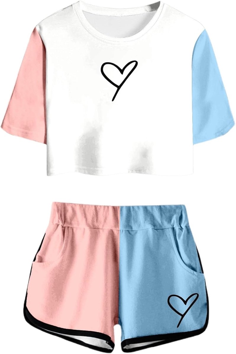 Zomershirt en shorts met korte mouwen voor meisjes, casual outfit met ronde hals en zakken voor tieners en junioren, licht en comfortabel